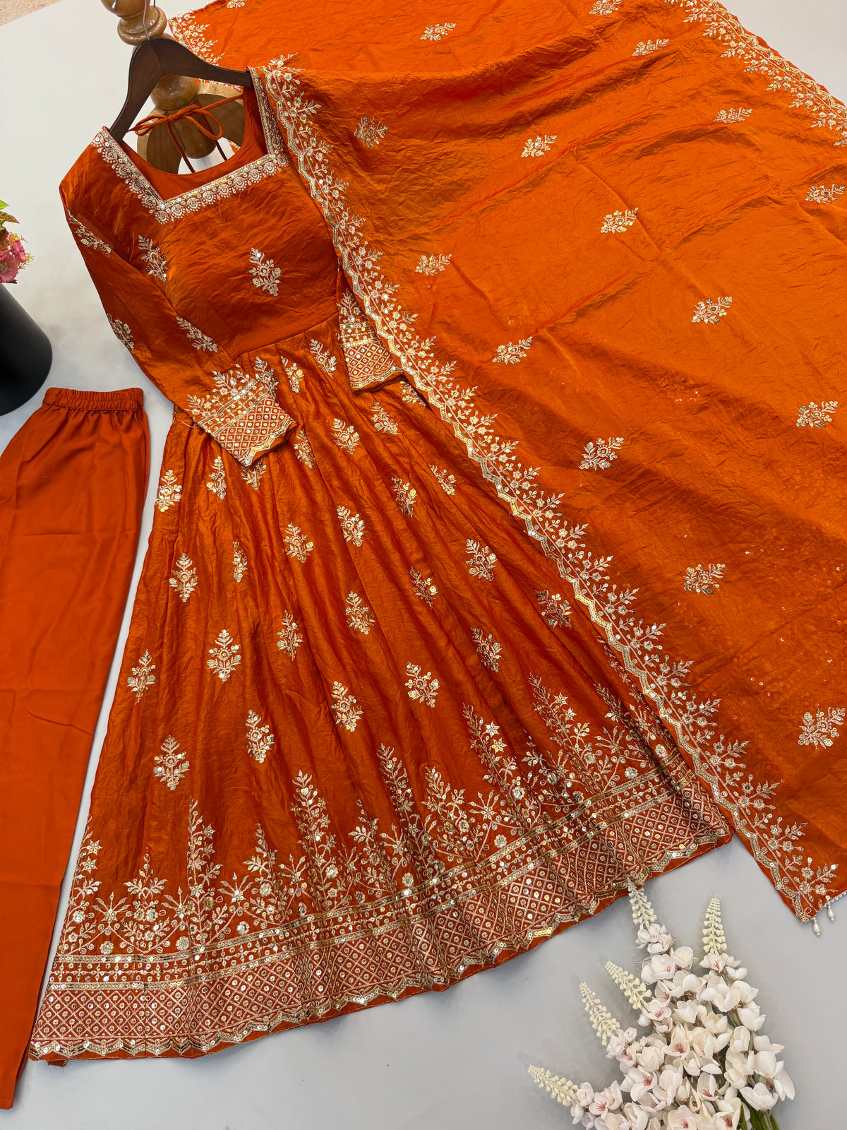 Rust Orange Fendy Silk Embroidered Anarkali Gown Set with Dupatta