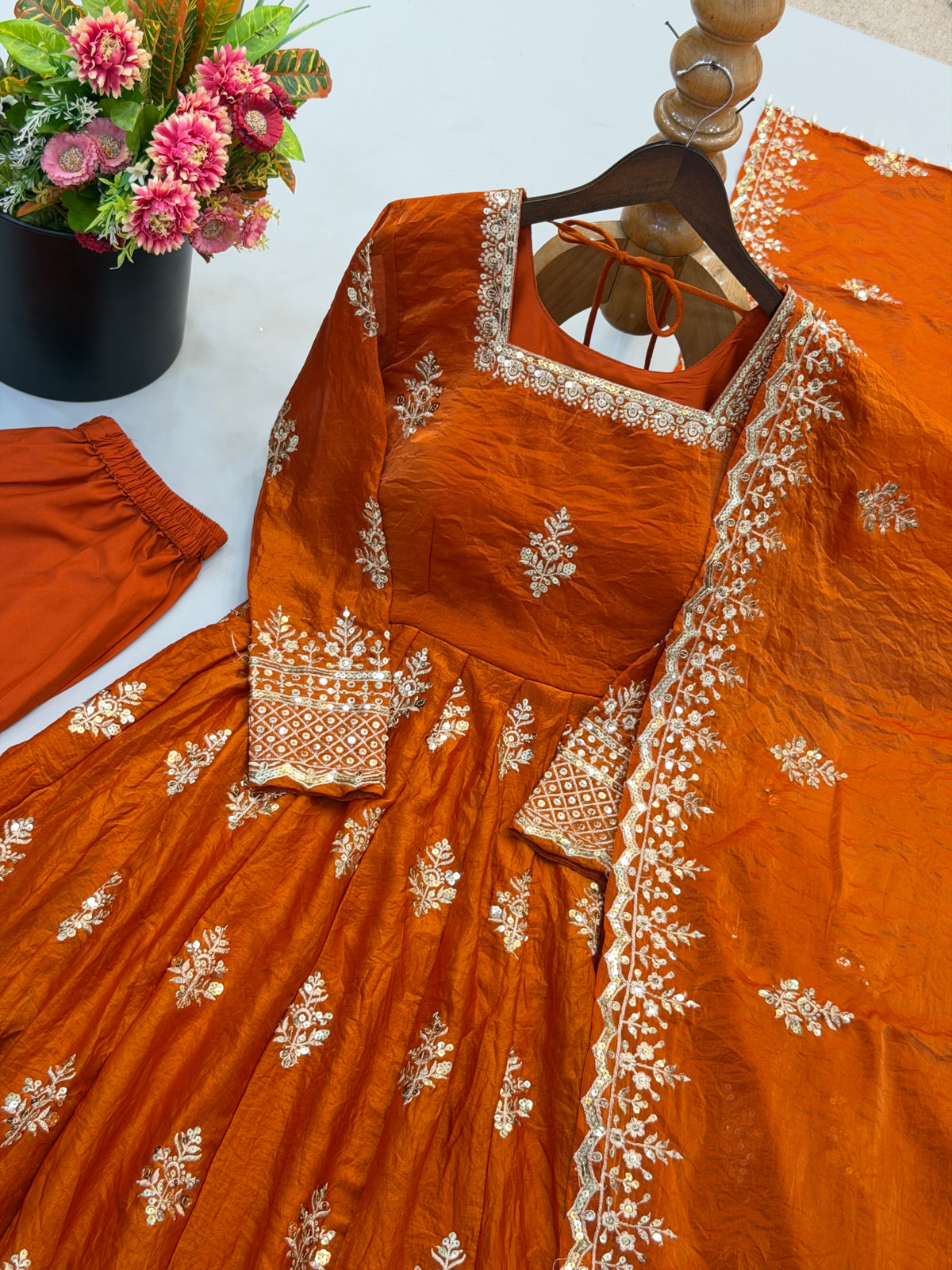Rust Orange Fendy Silk Embroidered Anarkali Gown Set with Dupatta