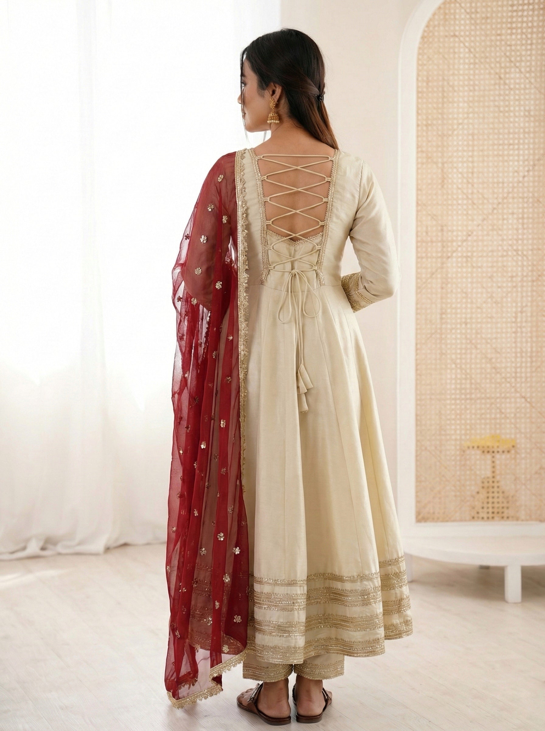 Ivory Cream Cosmos Gold Anarkali Suit Set with Heavy Lace Work & Wine Georgette Dupatta | Ready to Wear
