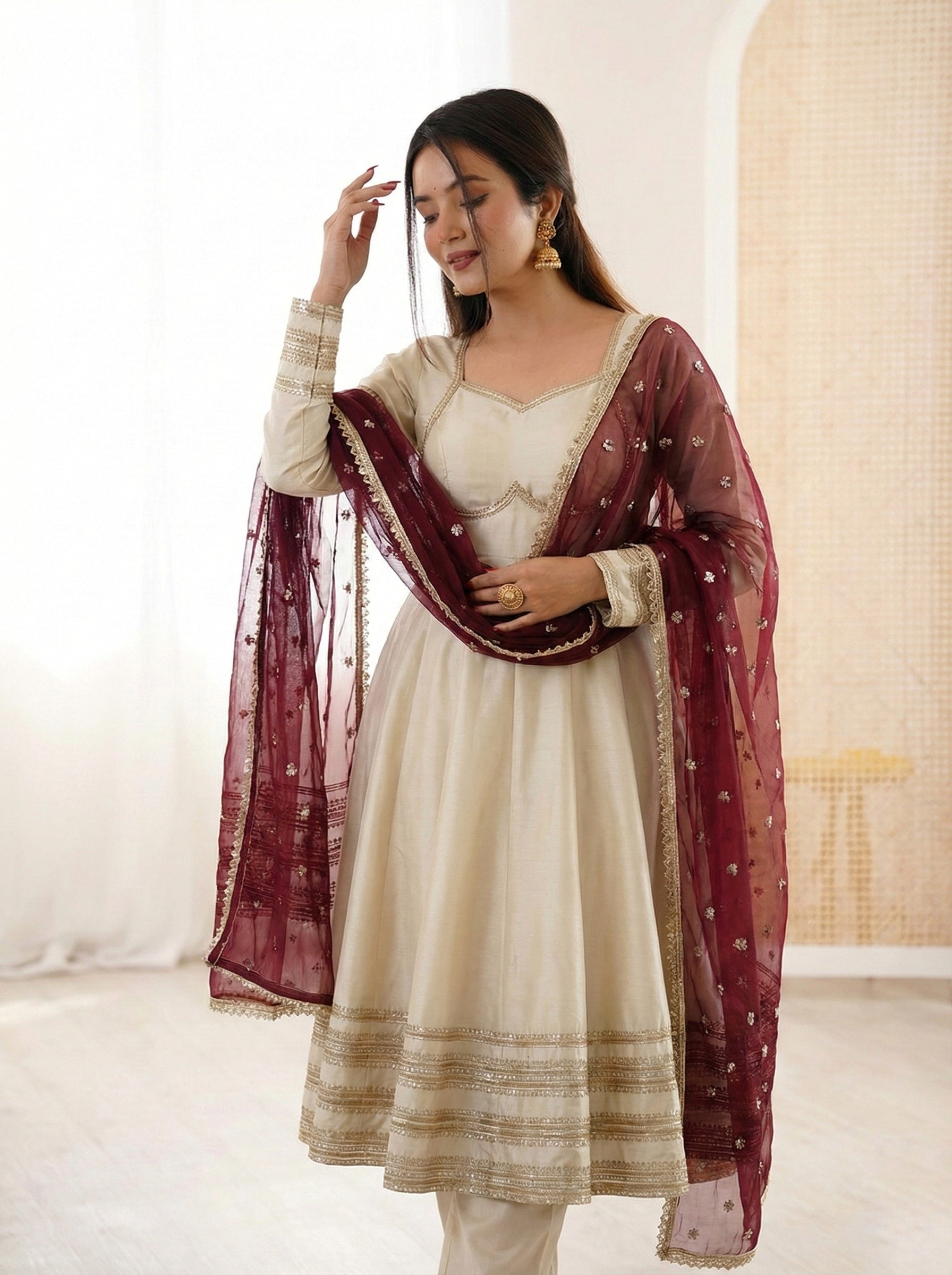Ivory Cream Cosmos Gold Anarkali Suit Set with Heavy Lace Work & Wine Georgette Dupatta | Ready to Wear