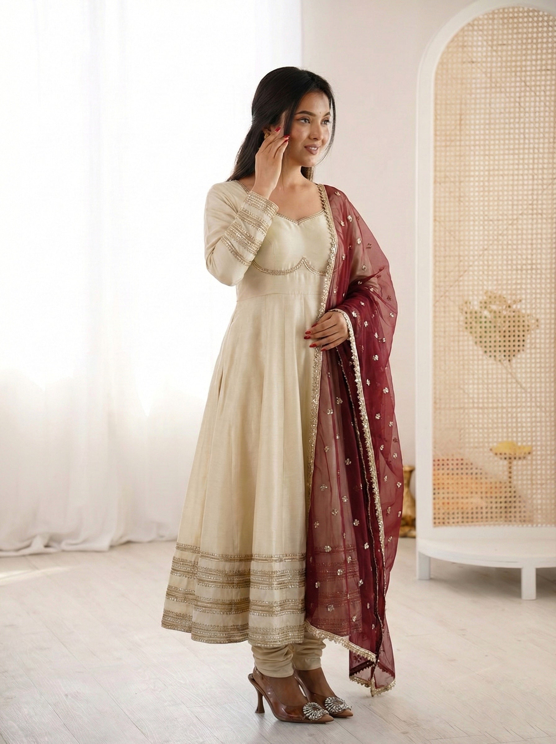 Ivory Cream Cosmos Gold Anarkali Suit Set with Heavy Lace Work & Wine Georgette Dupatta | Ready to Wear