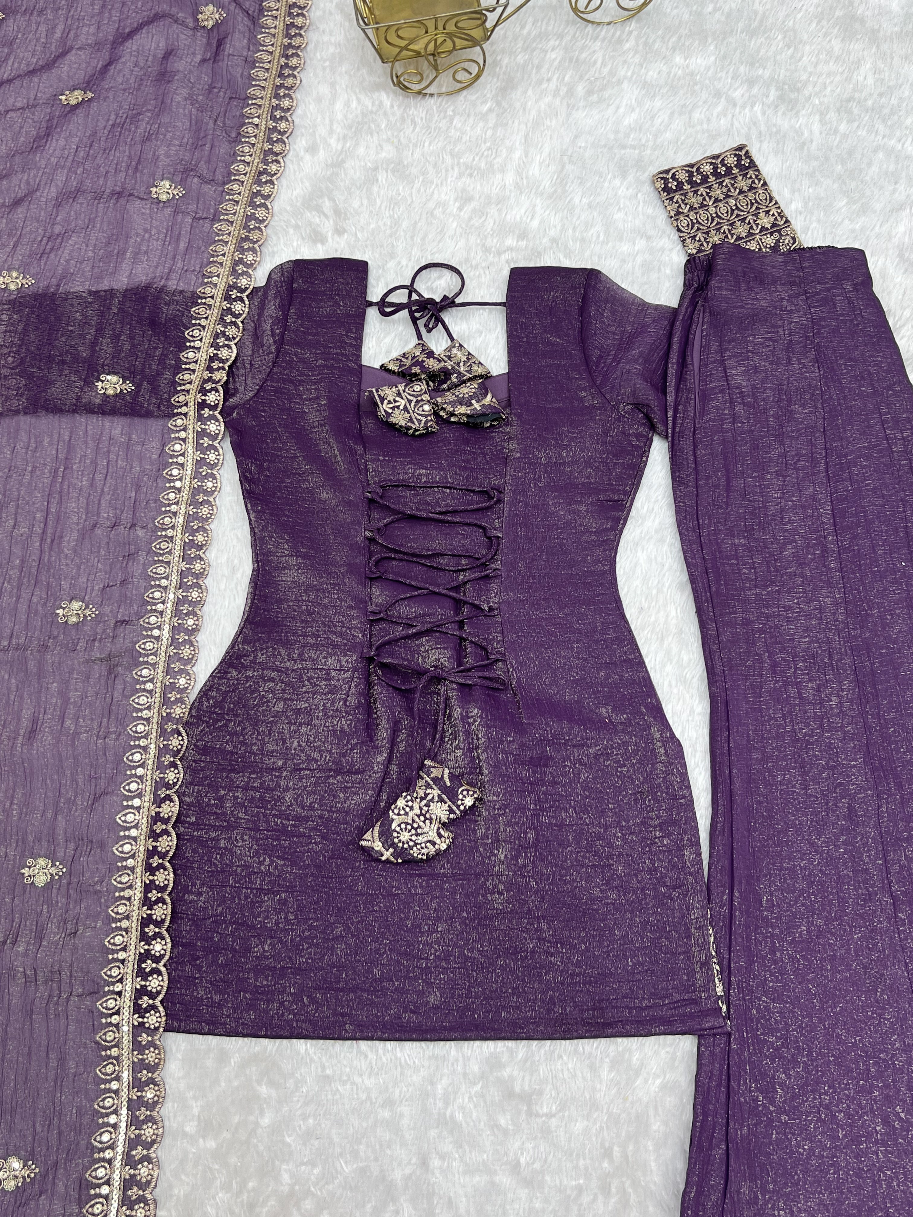 Women’s Crunchy Silk Kurta Set with Bell Bottom Pant & Dupatta | Party & Celebration Wear