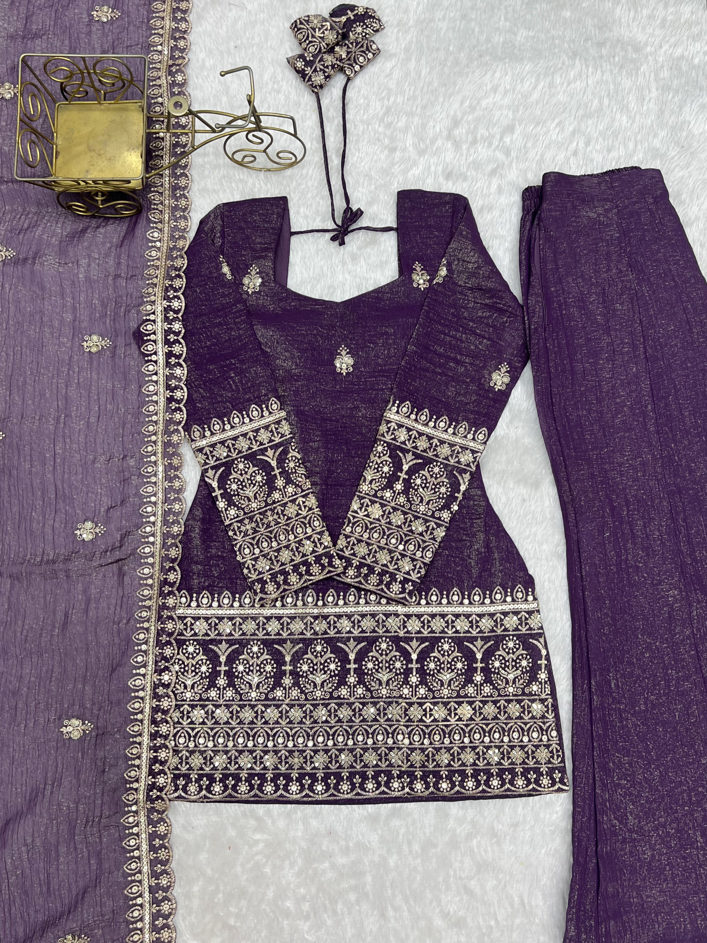 Women’s Crunchy Silk Kurta Set with Bell Bottom Pant & Dupatta | Party & Celebration Wear