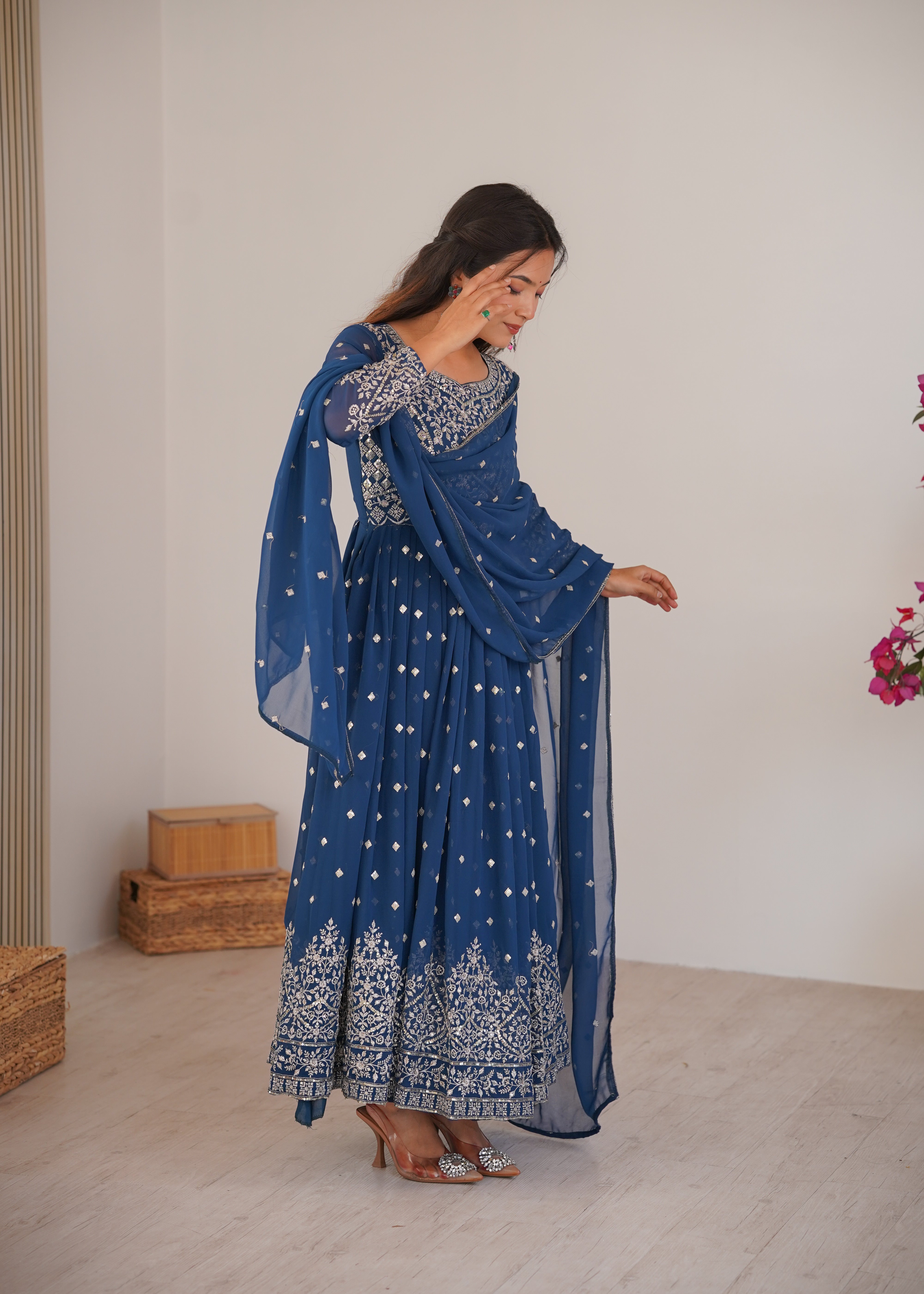 Navy Blue Designer Embroidered Anarkali Suit Set with Dupatta & Pant