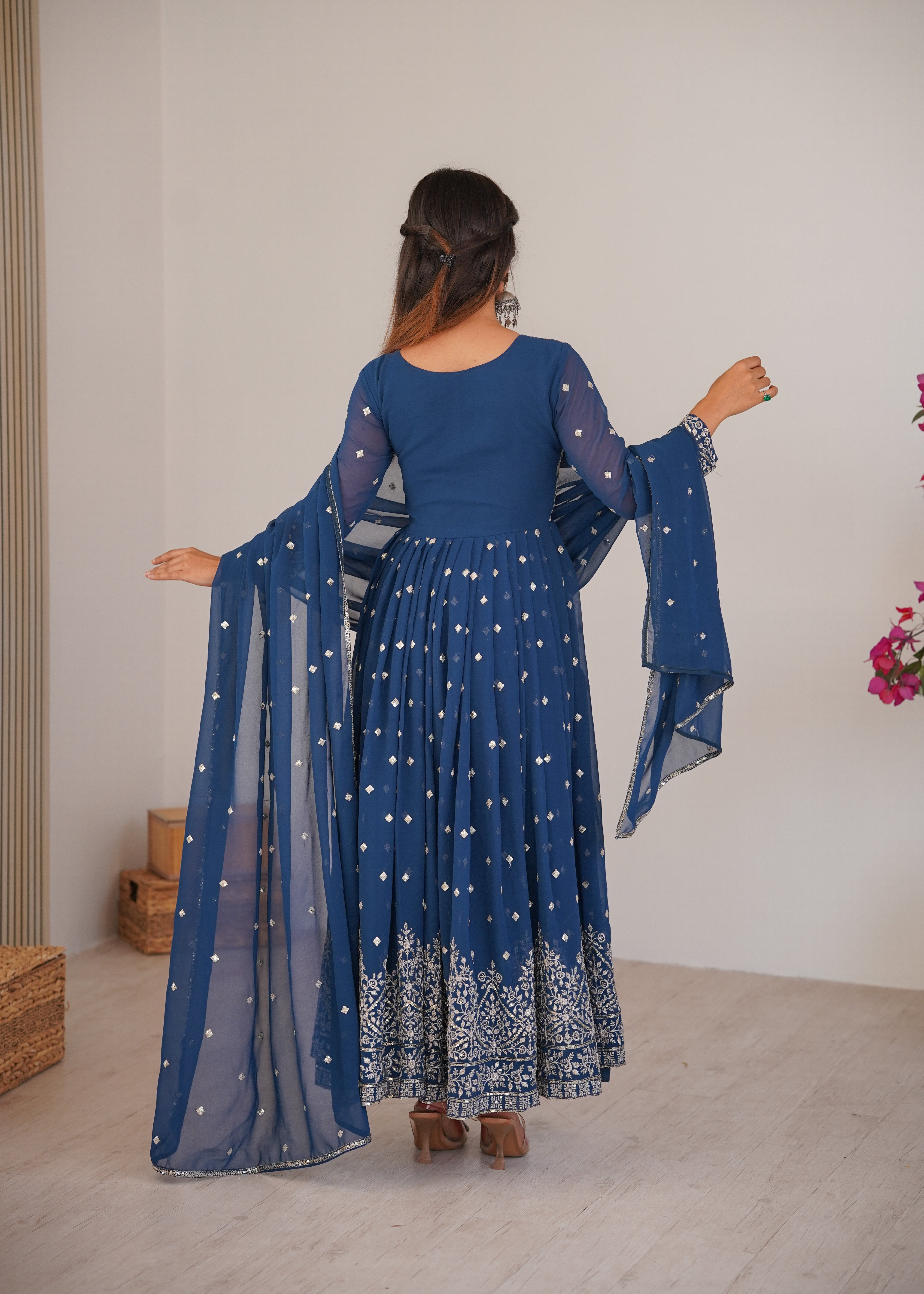 Navy Blue Designer Embroidered Anarkali Suit Set with Dupatta & Pant