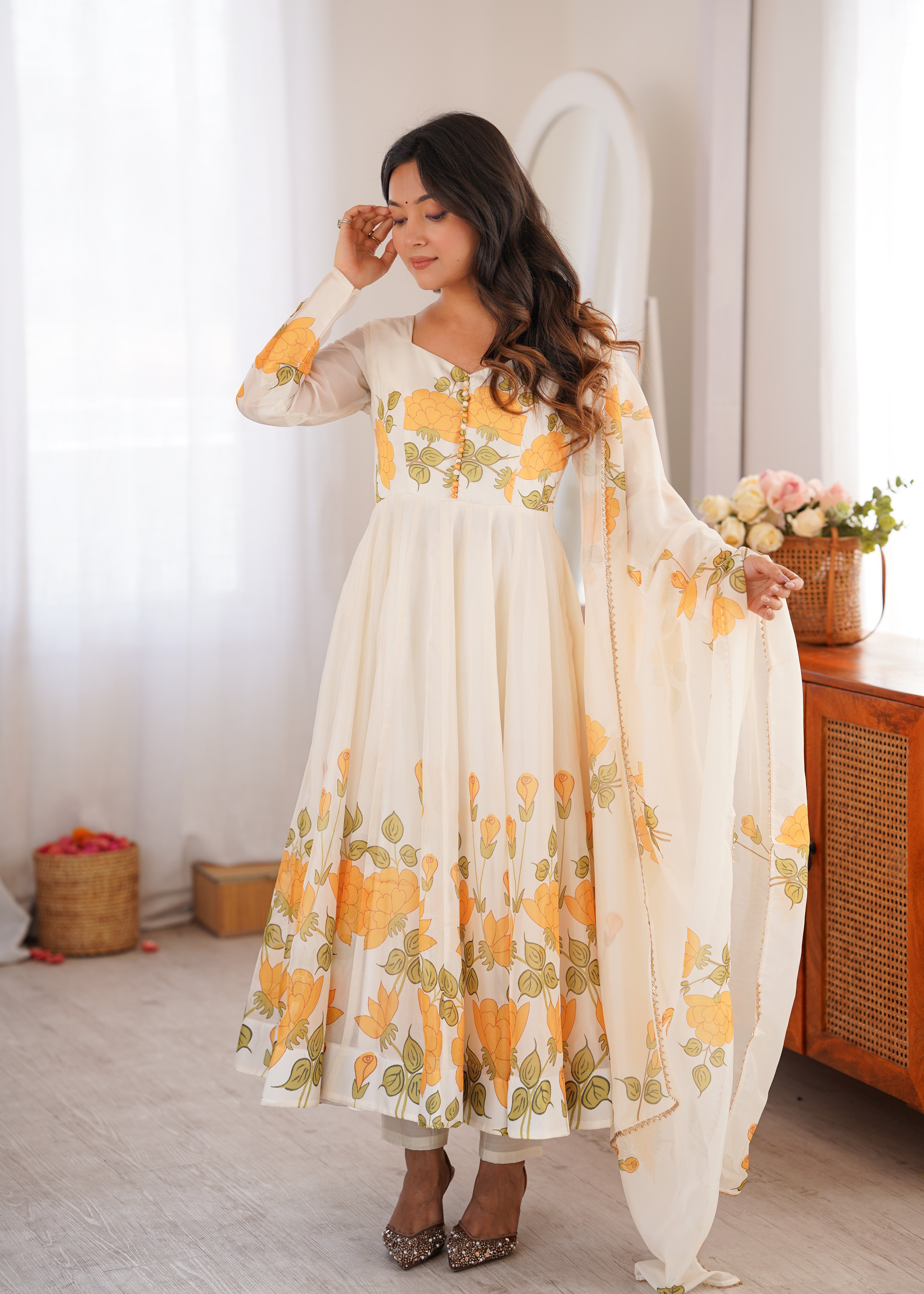 Ivory Floral Elegance Printed Organza Silk Anarkali Suit Set with Dupatta | NARDEV FASHION | Festive , Wedding Guest Outfit