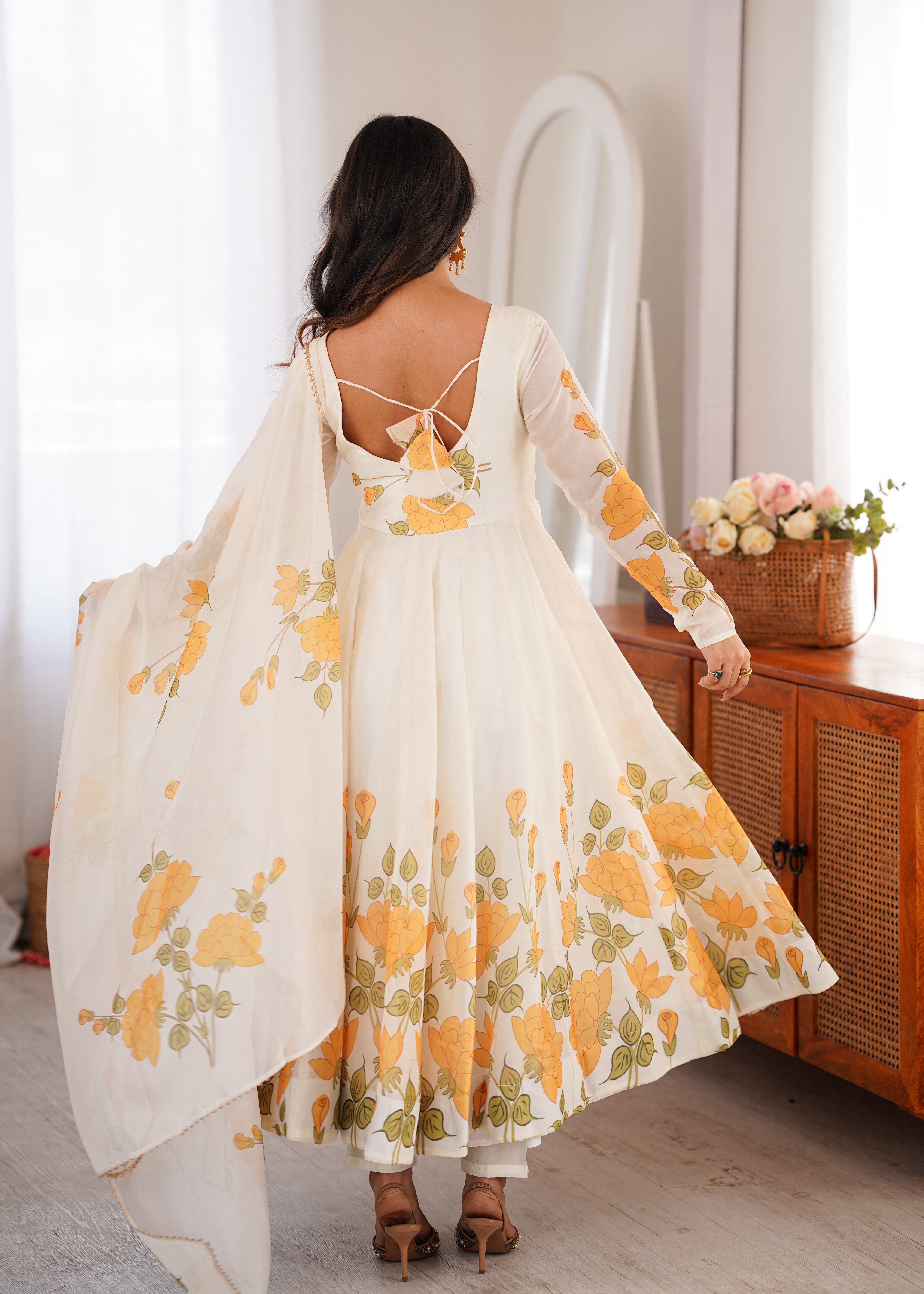 Ivory Floral Elegance Printed Organza Silk Anarkali Suit Set with Dupatta | NARDEV FASHION | Festive , Wedding Guest Outfit