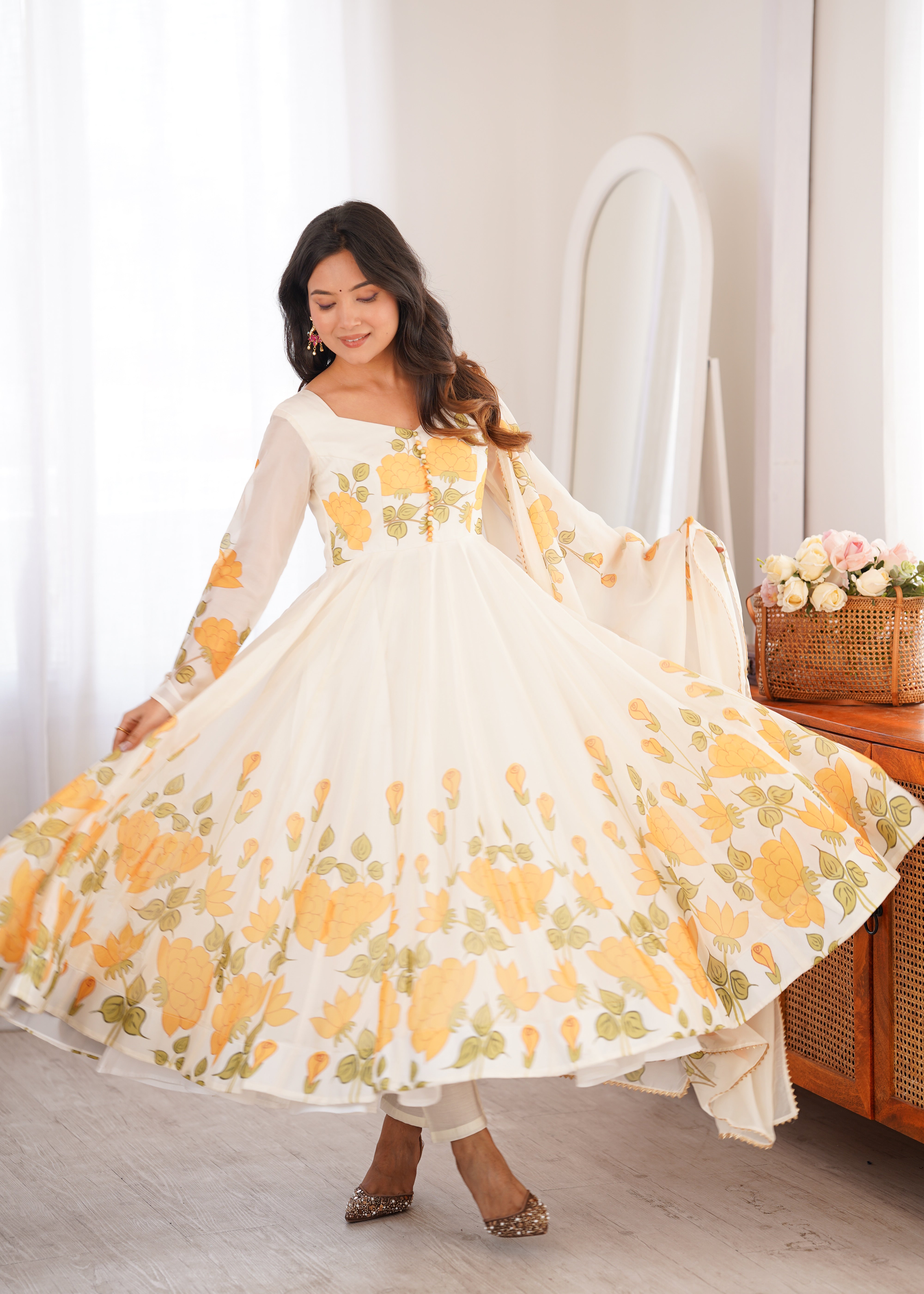 Ivory Floral Elegance Printed Organza Silk Anarkali Suit Set with Dupatta | NARDEV FASHION | Festive , Wedding Guest Outfit