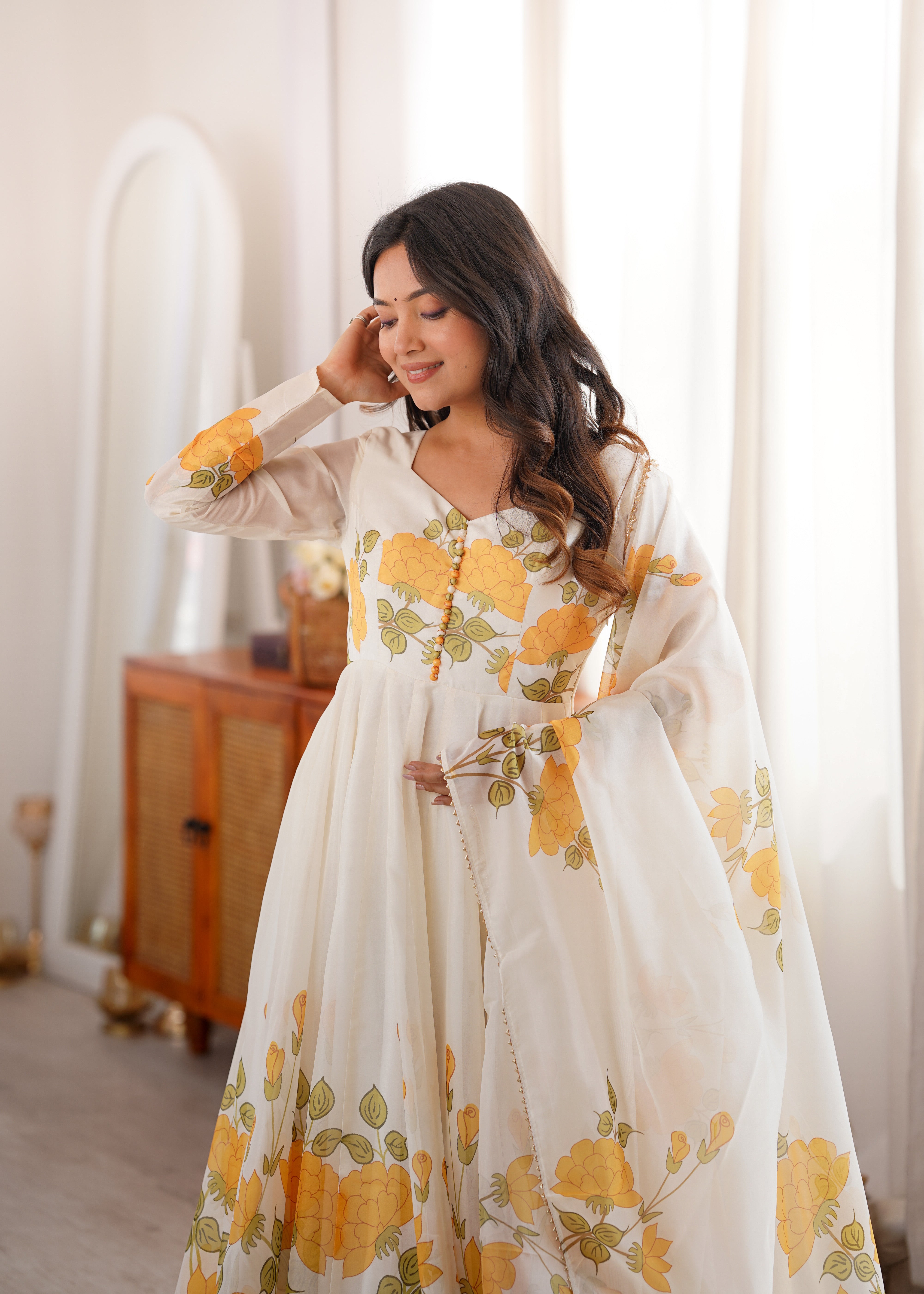 Ivory Floral Elegance Printed Organza Silk Anarkali Suit Set with Dupatta | NARDEV FASHION | Festive , Wedding Guest Outfit