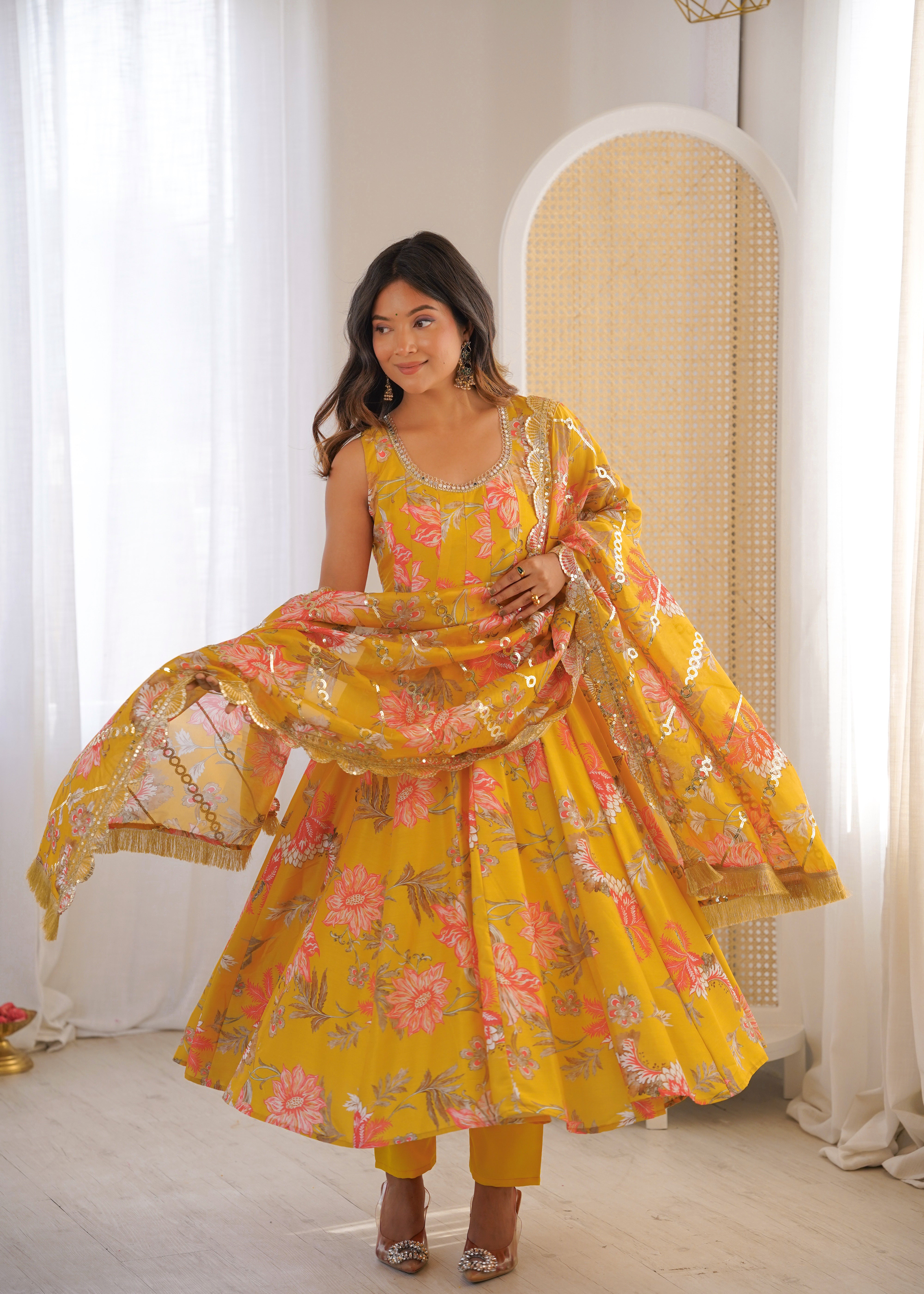 Yellow Floral Print Kali Cut Anarkali Suit with Organza Dupatta & Pant Set for Women