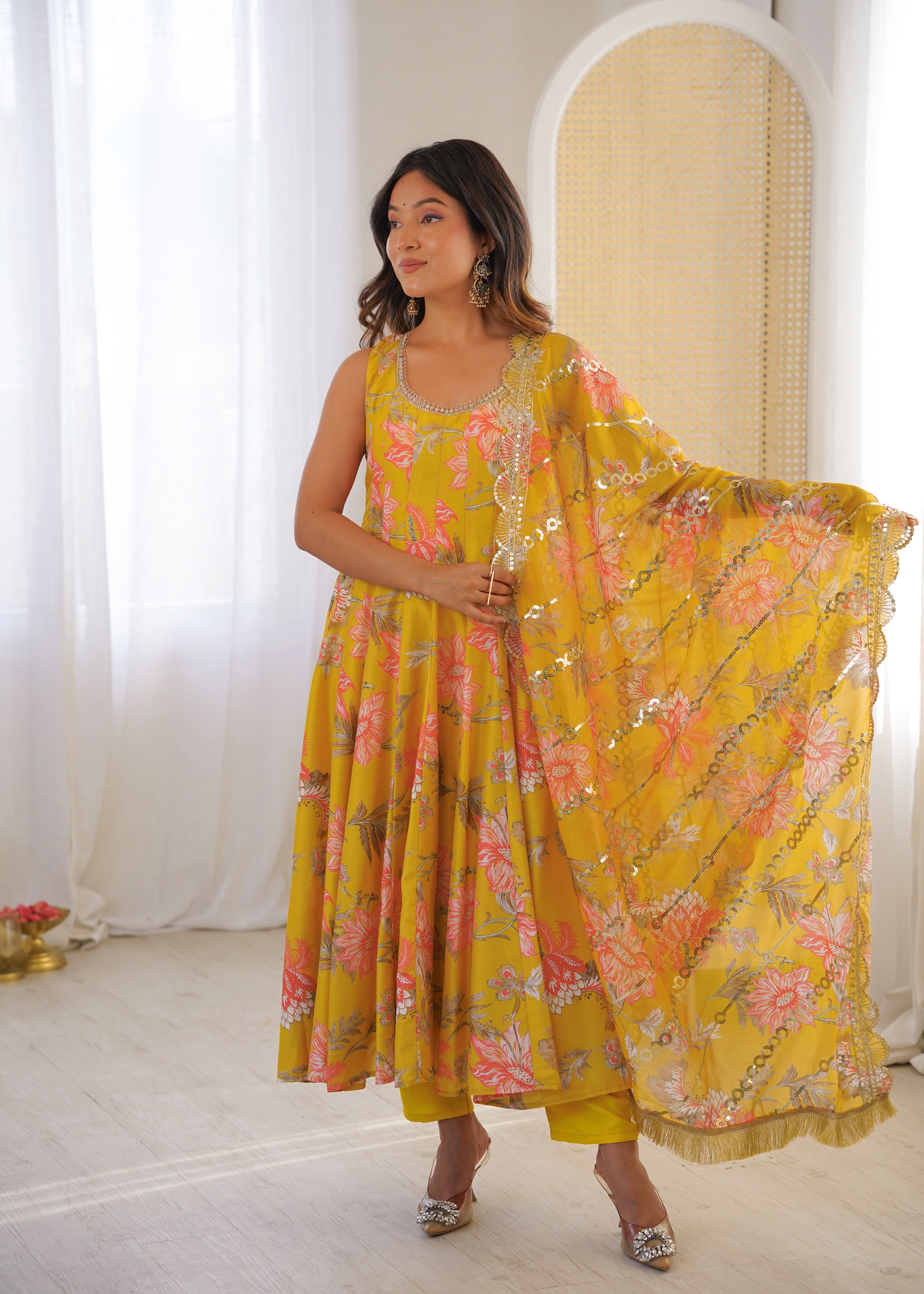 Yellow Floral Print Kali Cut Anarkali Suit with Organza Dupatta & Pant Set for Women