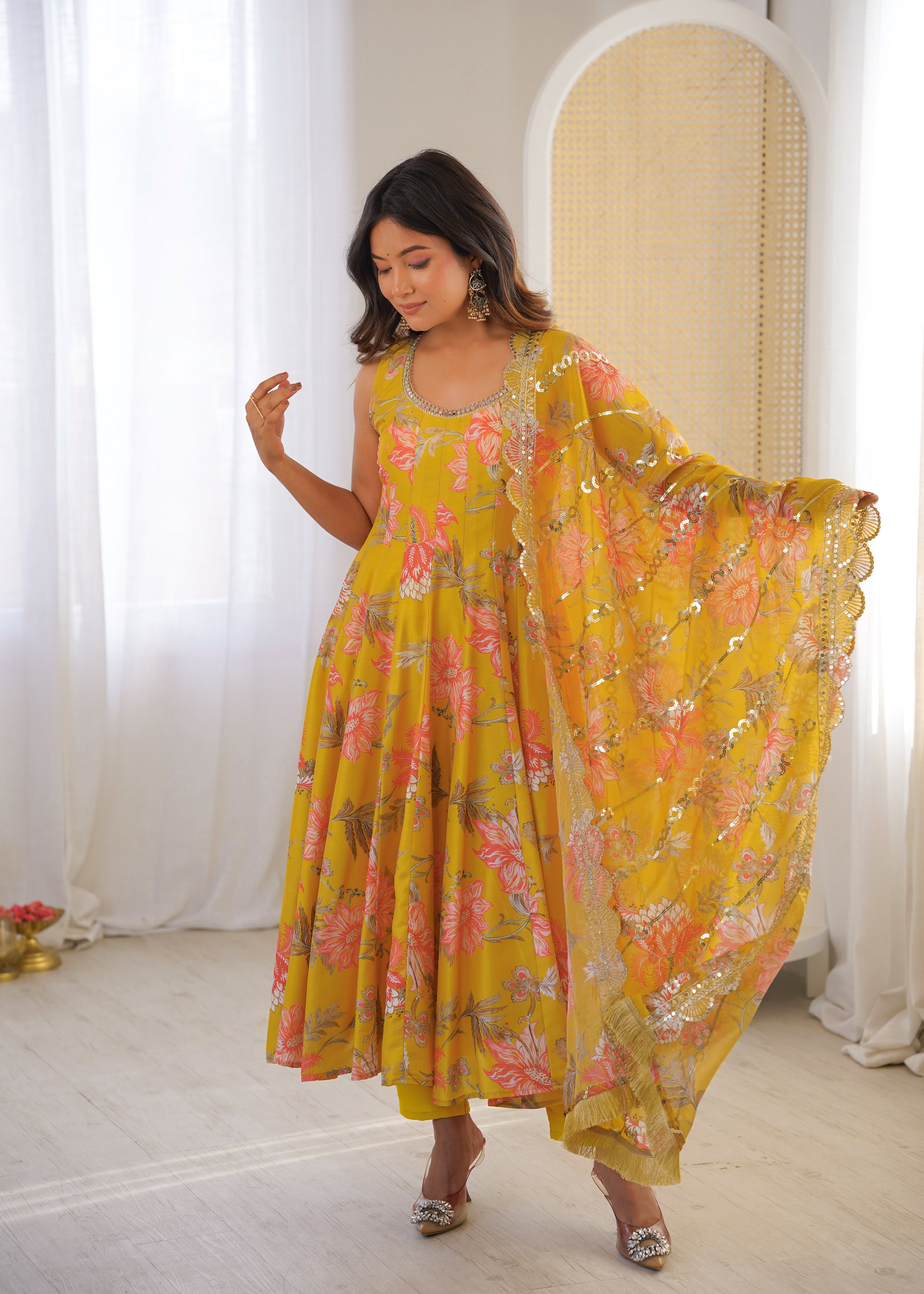 Yellow Floral Print Kali Cut Anarkali Suit with Organza Dupatta & Pant Set for Women