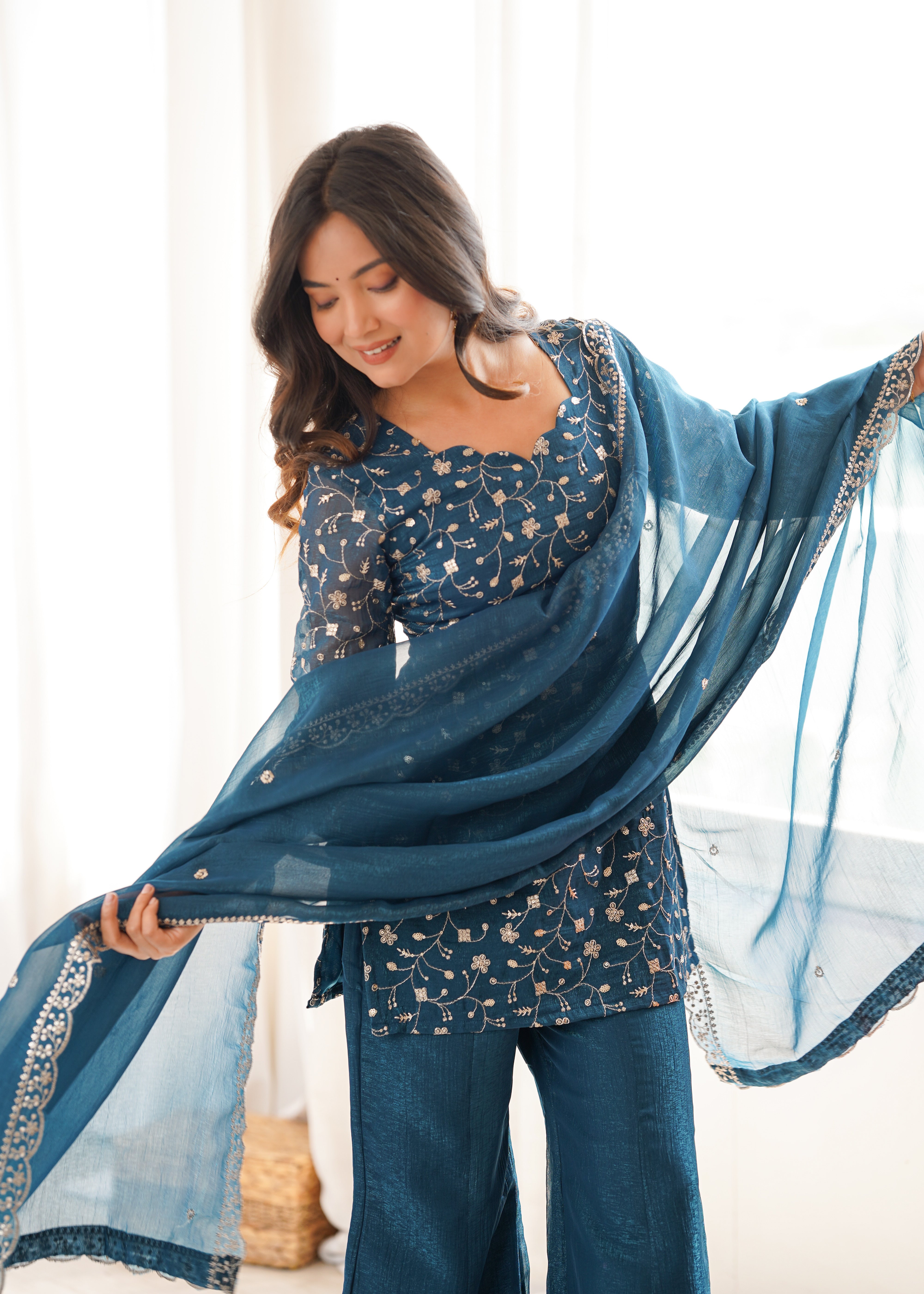 Tealblue Embroidered Kurta Set with Bell Bottom Pant & Dupatta