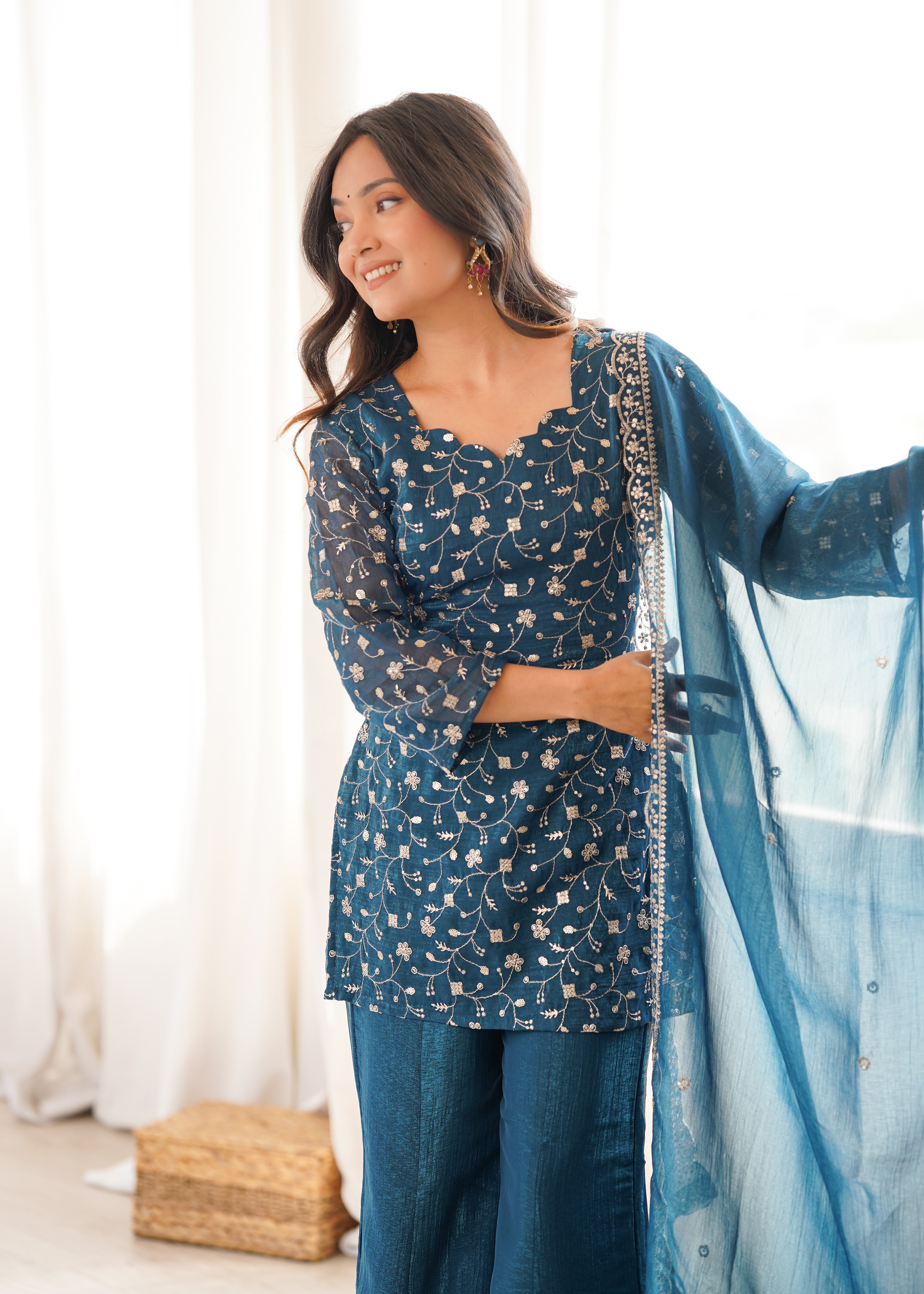 Tealblue Embroidered Kurta Set with Bell Bottom Pant & Dupatta