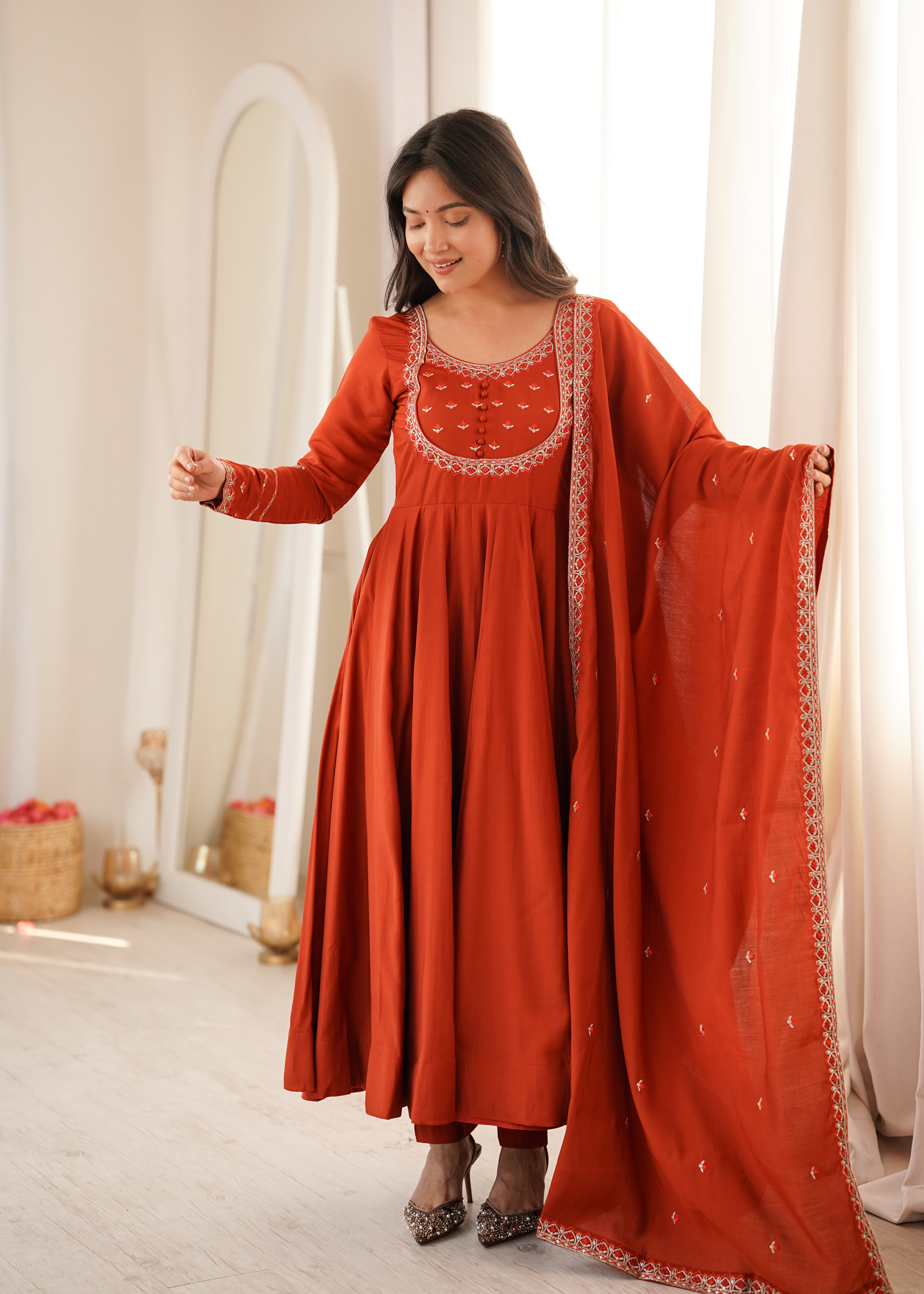Rust Orange Pure Roman Chanderi Silk Anarkali Suit Set with Dupatta