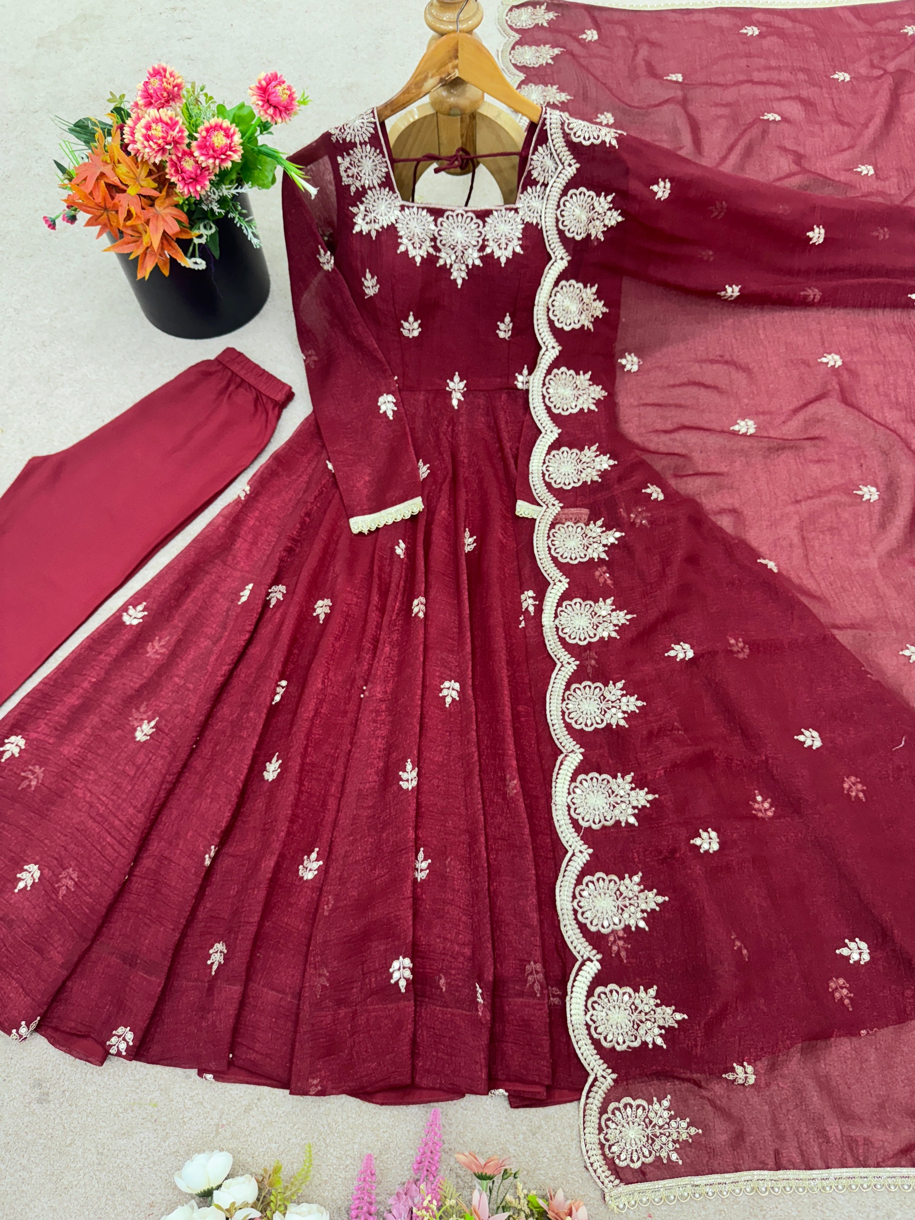 Maroon Color Elegant Designer Anarkali Set for Women | Ready to Wear 3 Piece Suit