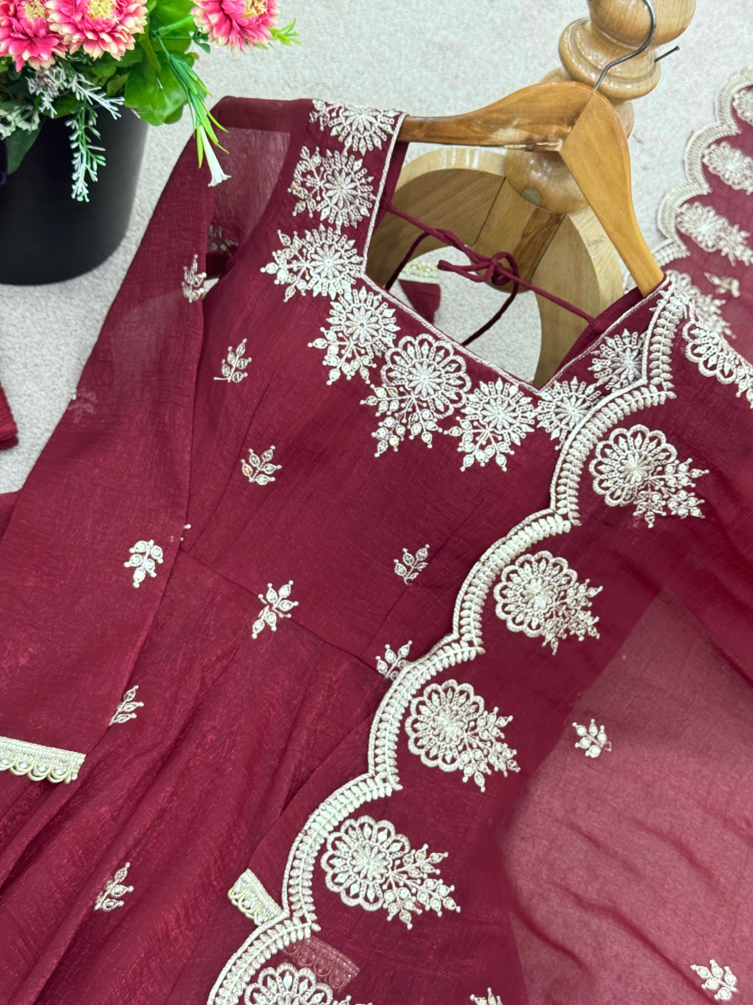 Maroon Color Elegant Designer Anarkali Set for Women | Ready to Wear 3 Piece Suit