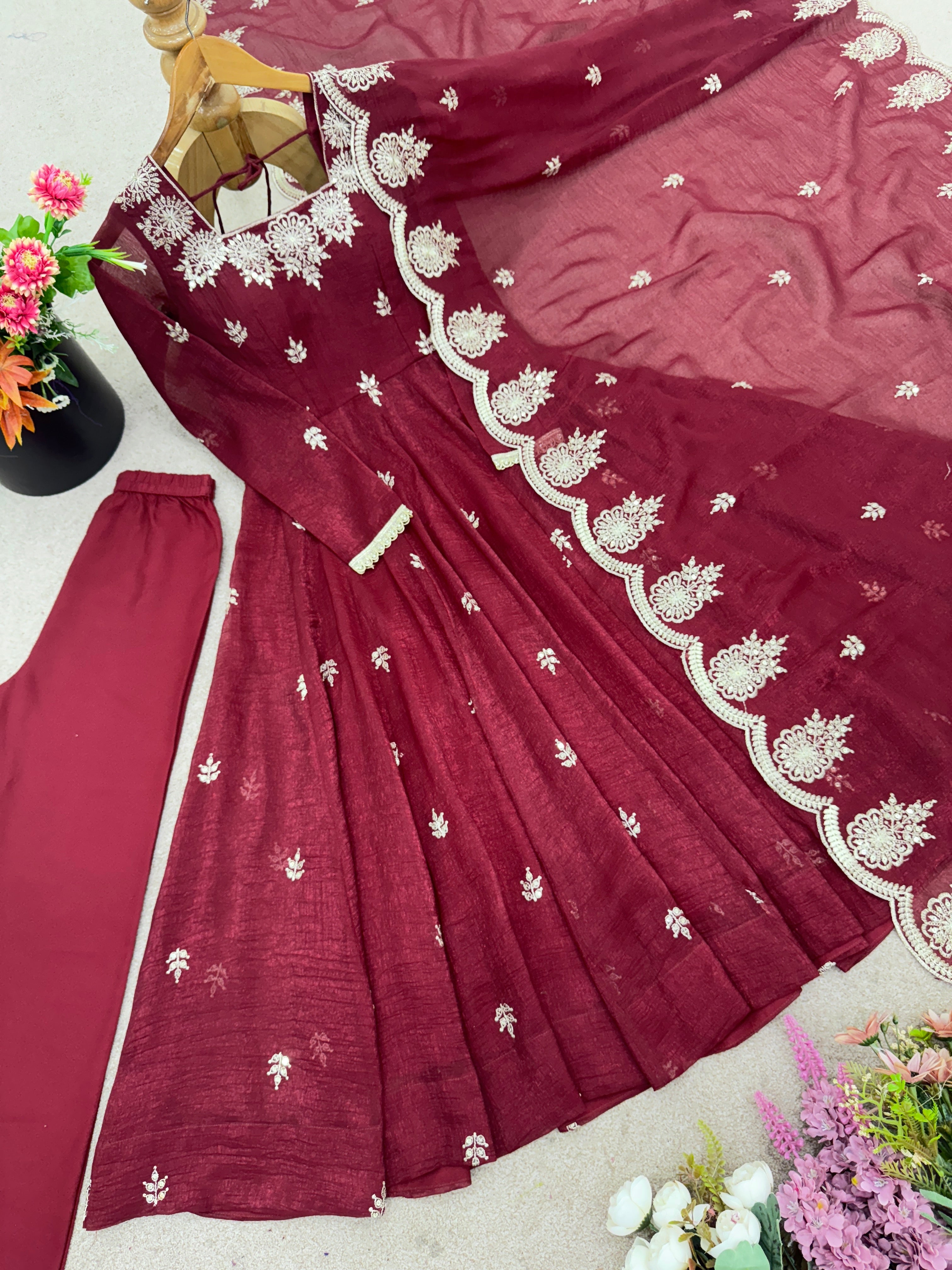 Maroon Color Elegant Designer Anarkali Set for Women | Ready to Wear 3 Piece Suit