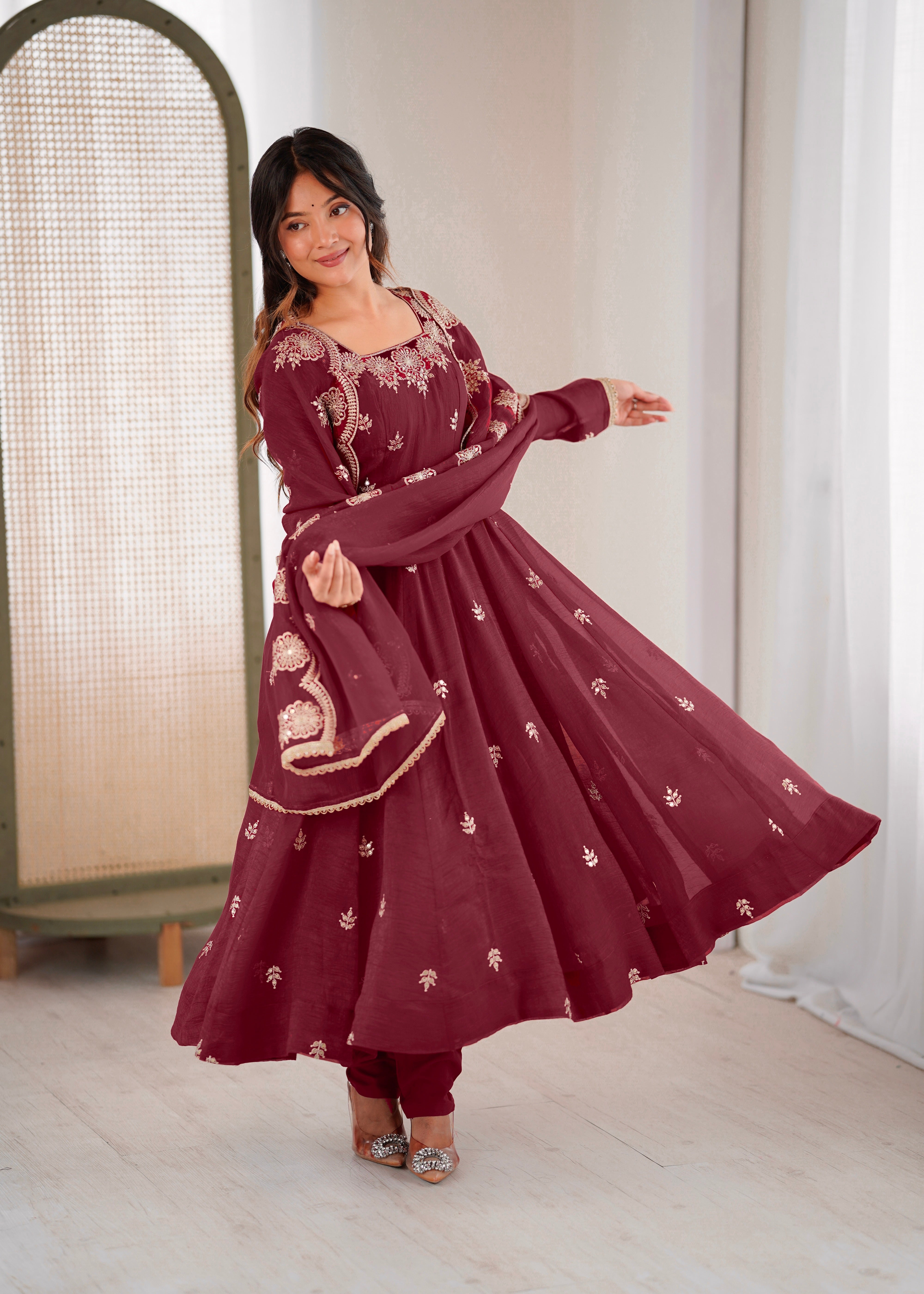 Maroon Color Elegant Designer Anarkali Set for Women | Ready to Wear 3 Piece Suit
