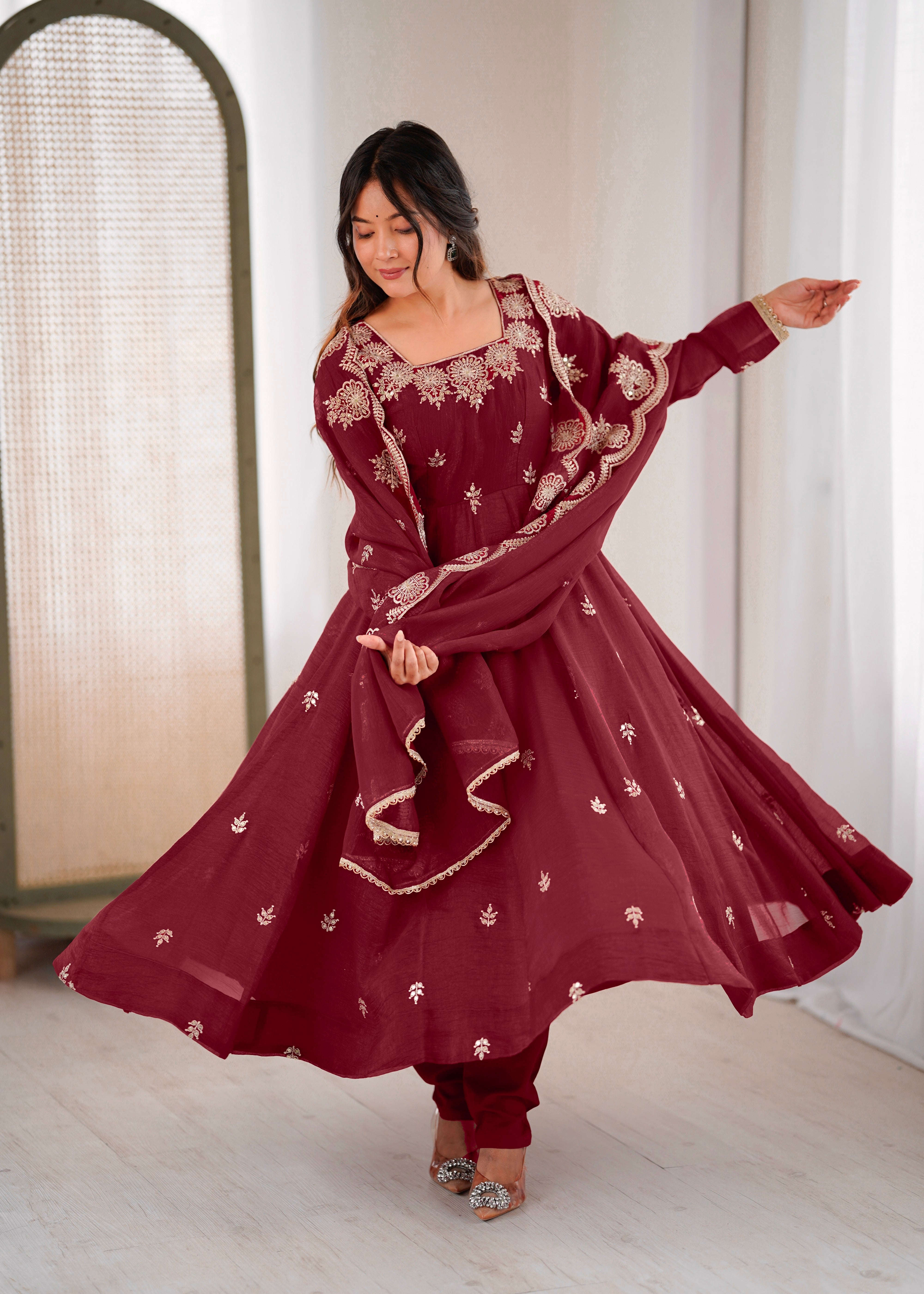 Maroon Color Elegant Designer Anarkali Set for Women | Ready to Wear 3 Piece Suit