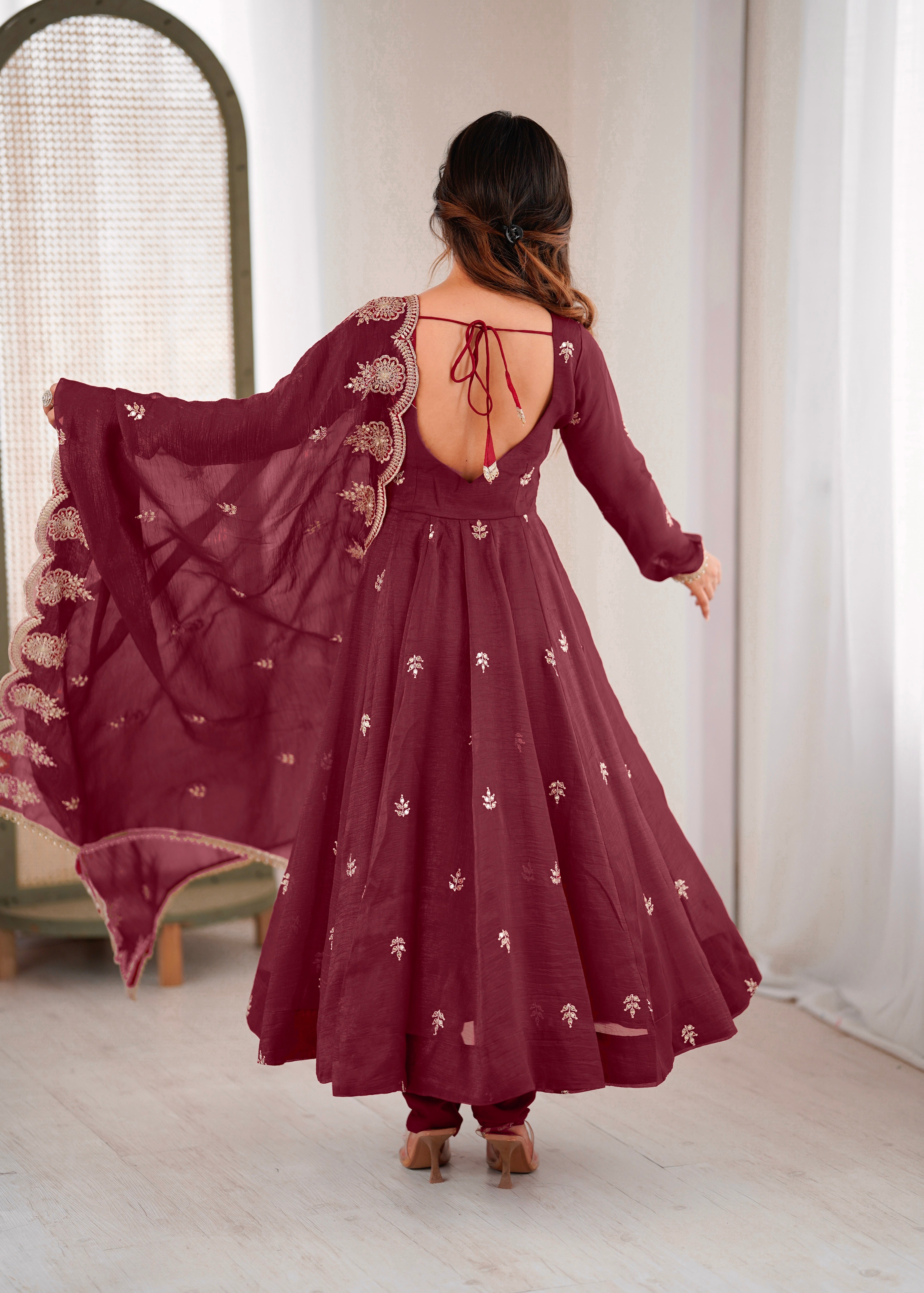 Maroon Color Elegant Designer Anarkali Set for Women | Ready to Wear 3 Piece Suit