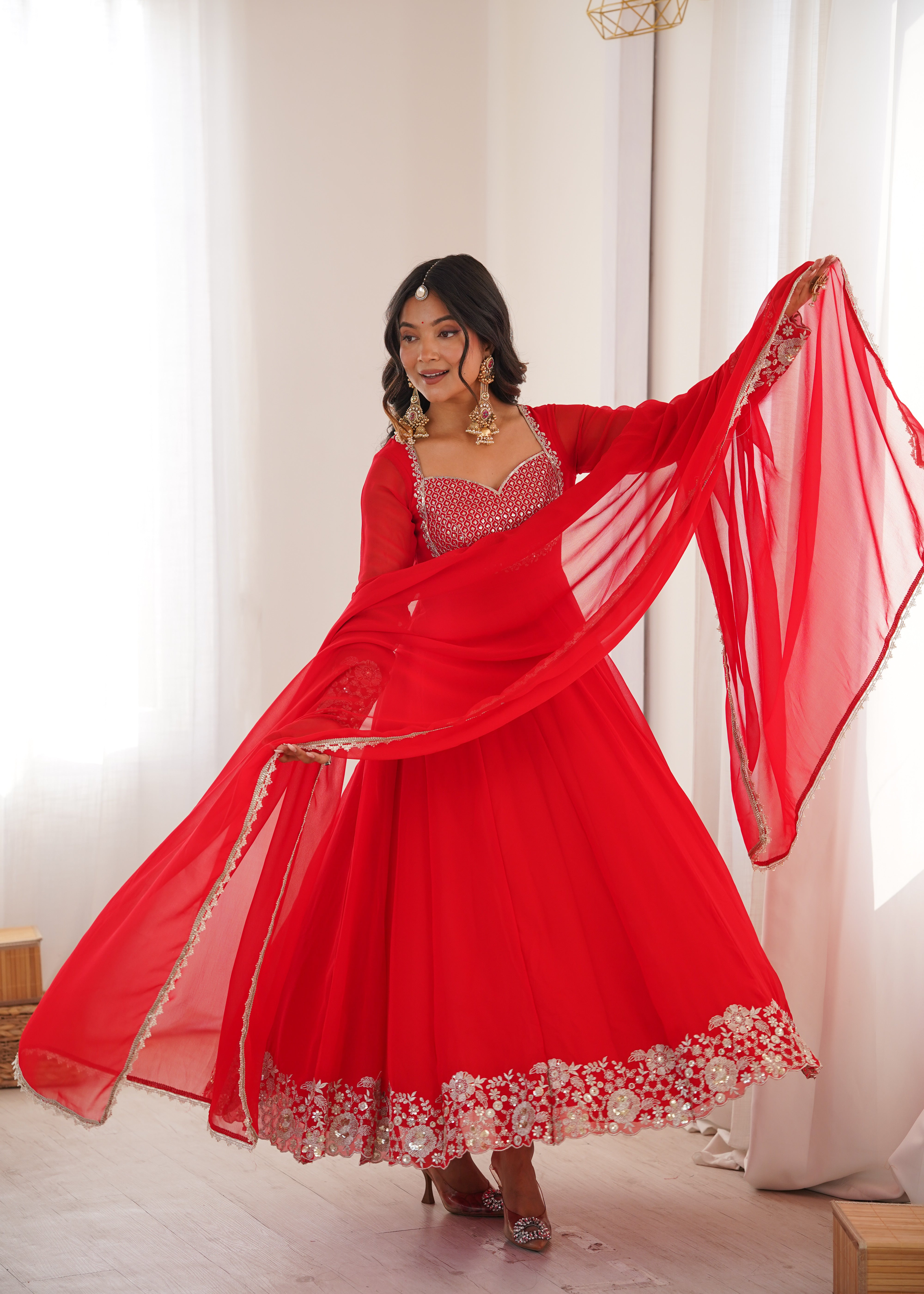 Red Designer Embroidered Anarkali Suit Set with Dupatta & Pant