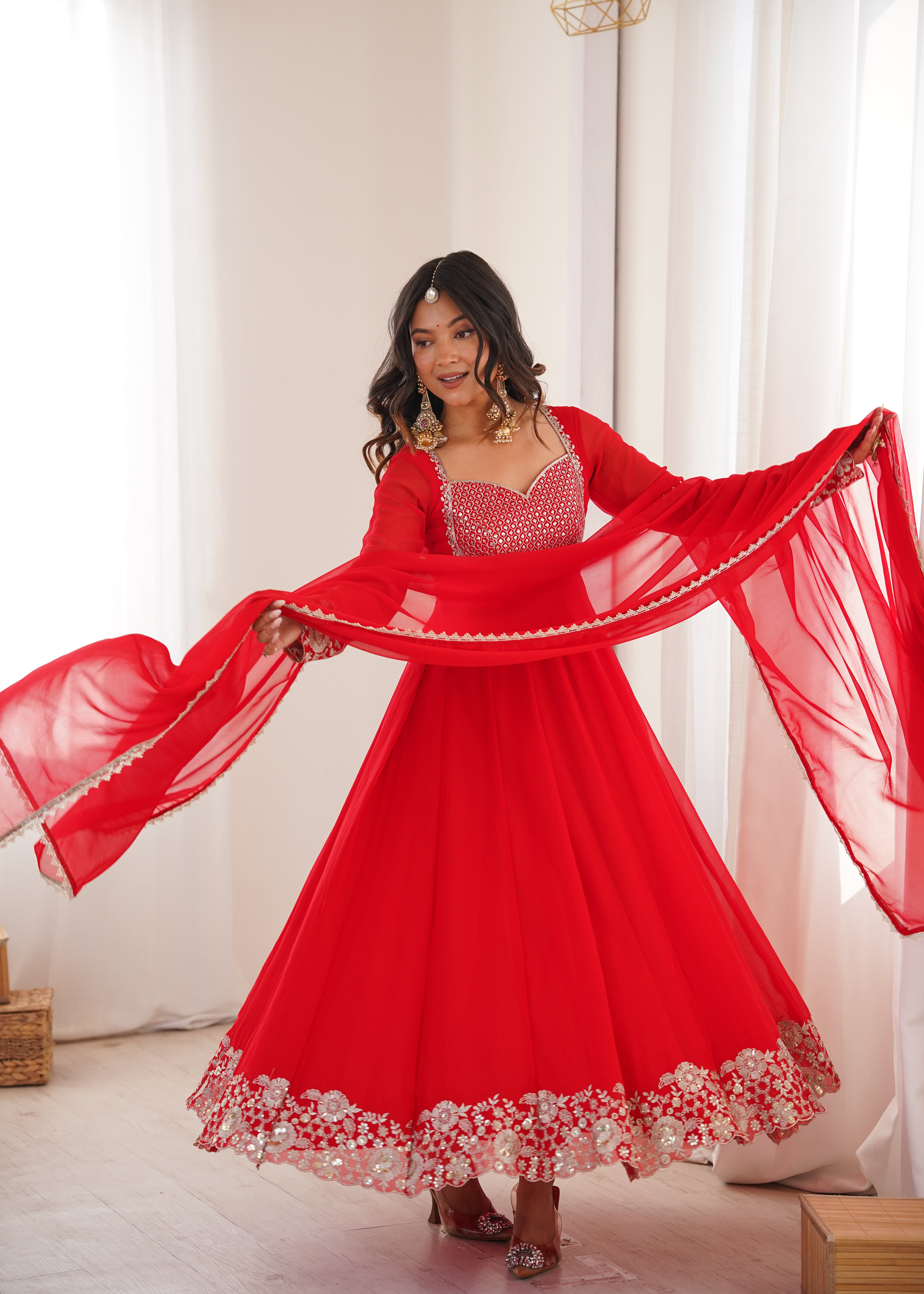 Red Designer Embroidered Anarkali Suit Set with Dupatta & Pant