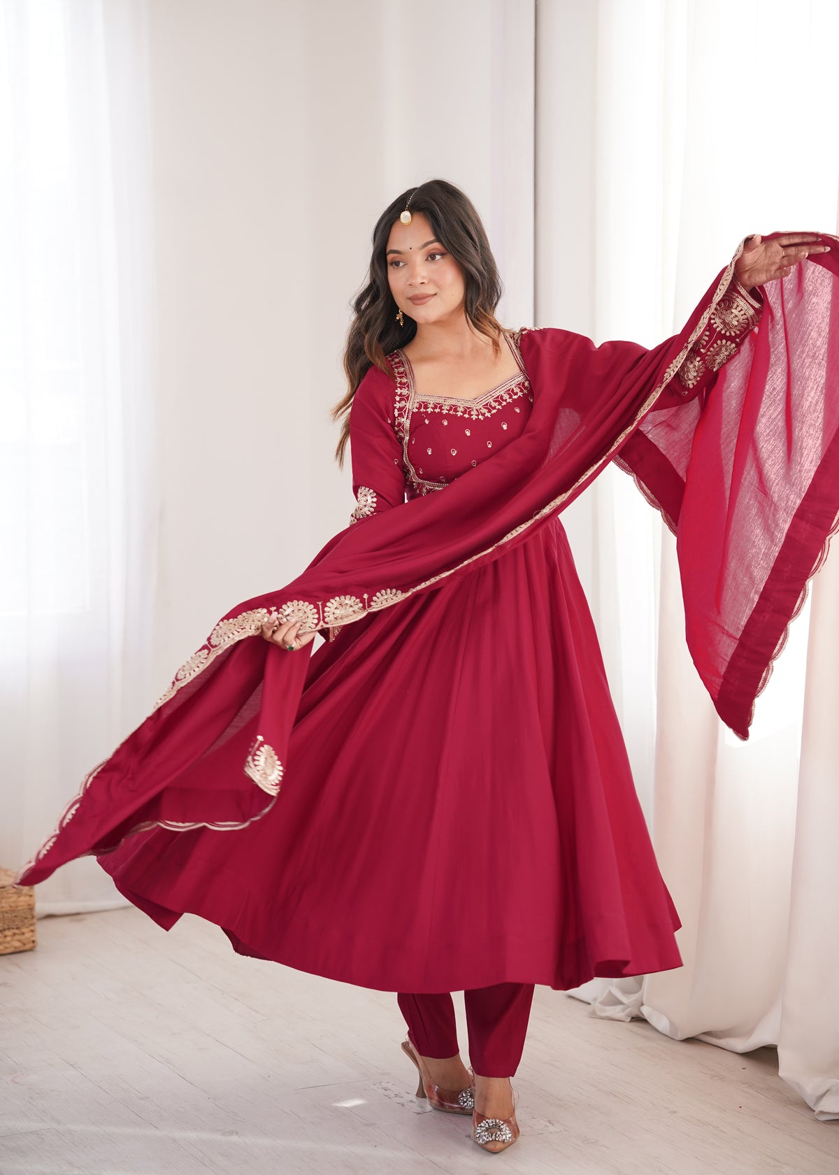 Wine Maroon Embroidered Sequence Work Designer Anarkali Gown Set with Dupatta