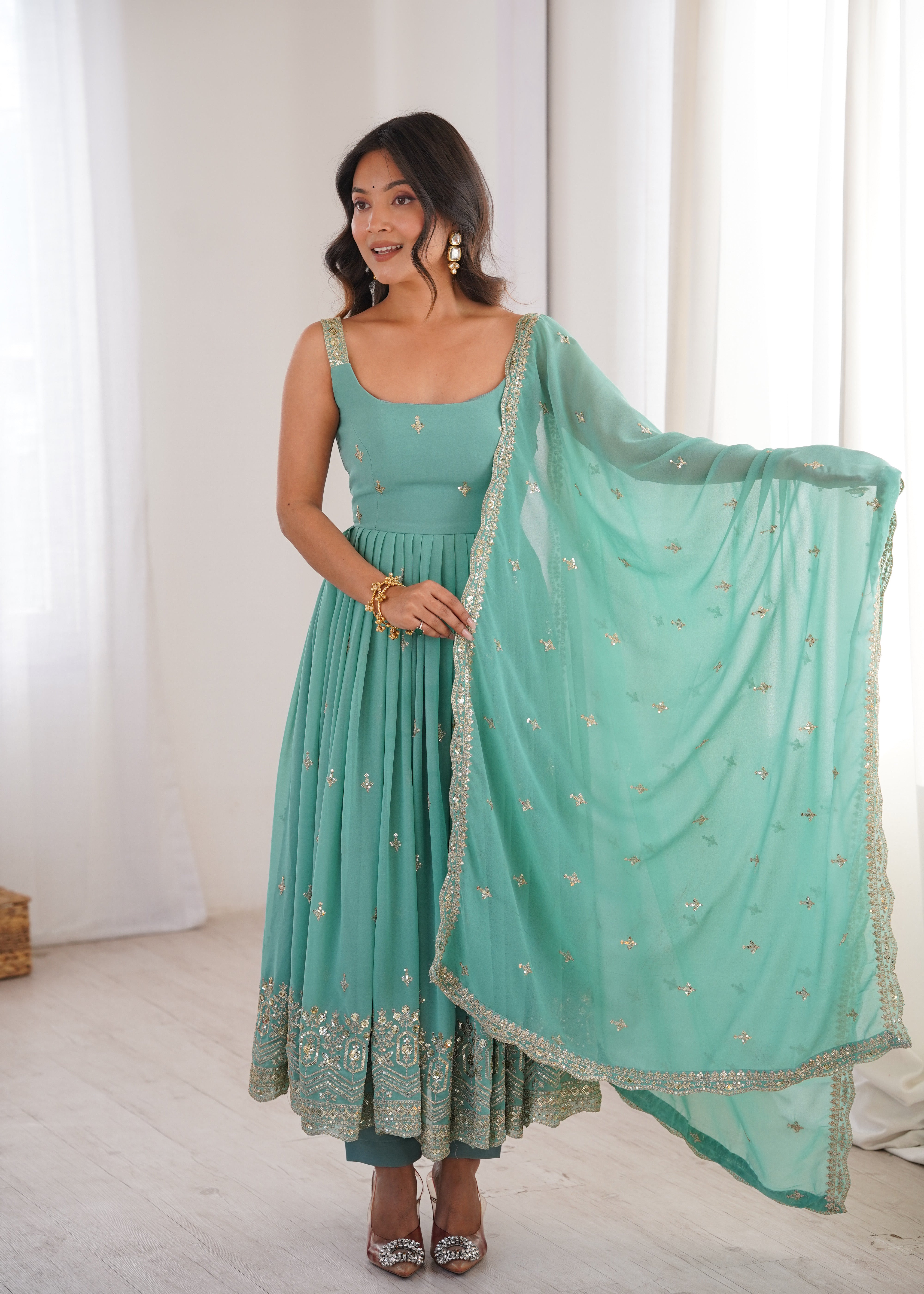 Mint Green Designer Embroidered Anarkali Suit Set with Dupatta & Pant