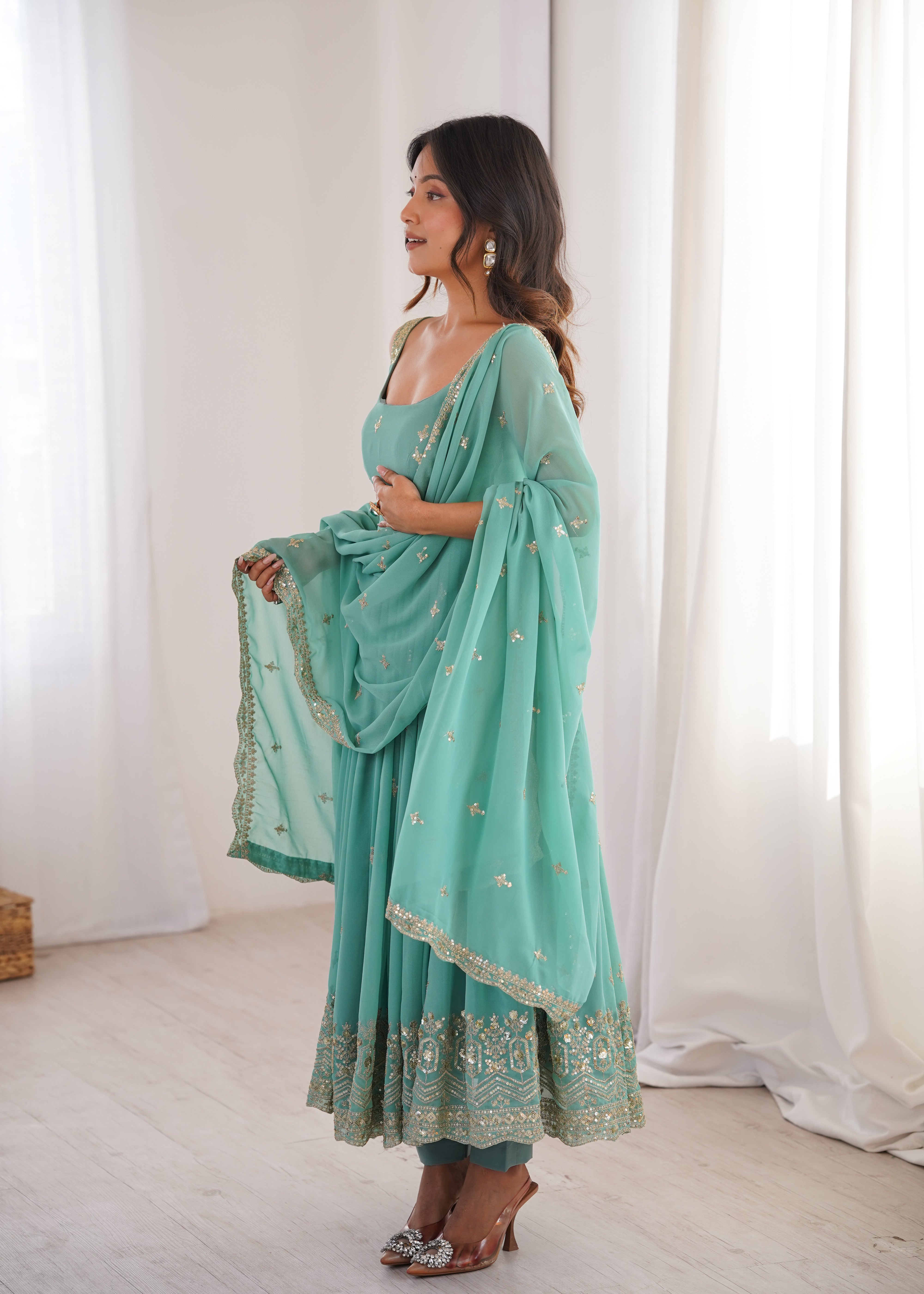 Mint Green Designer Embroidered Anarkali Suit Set with Dupatta & Pant