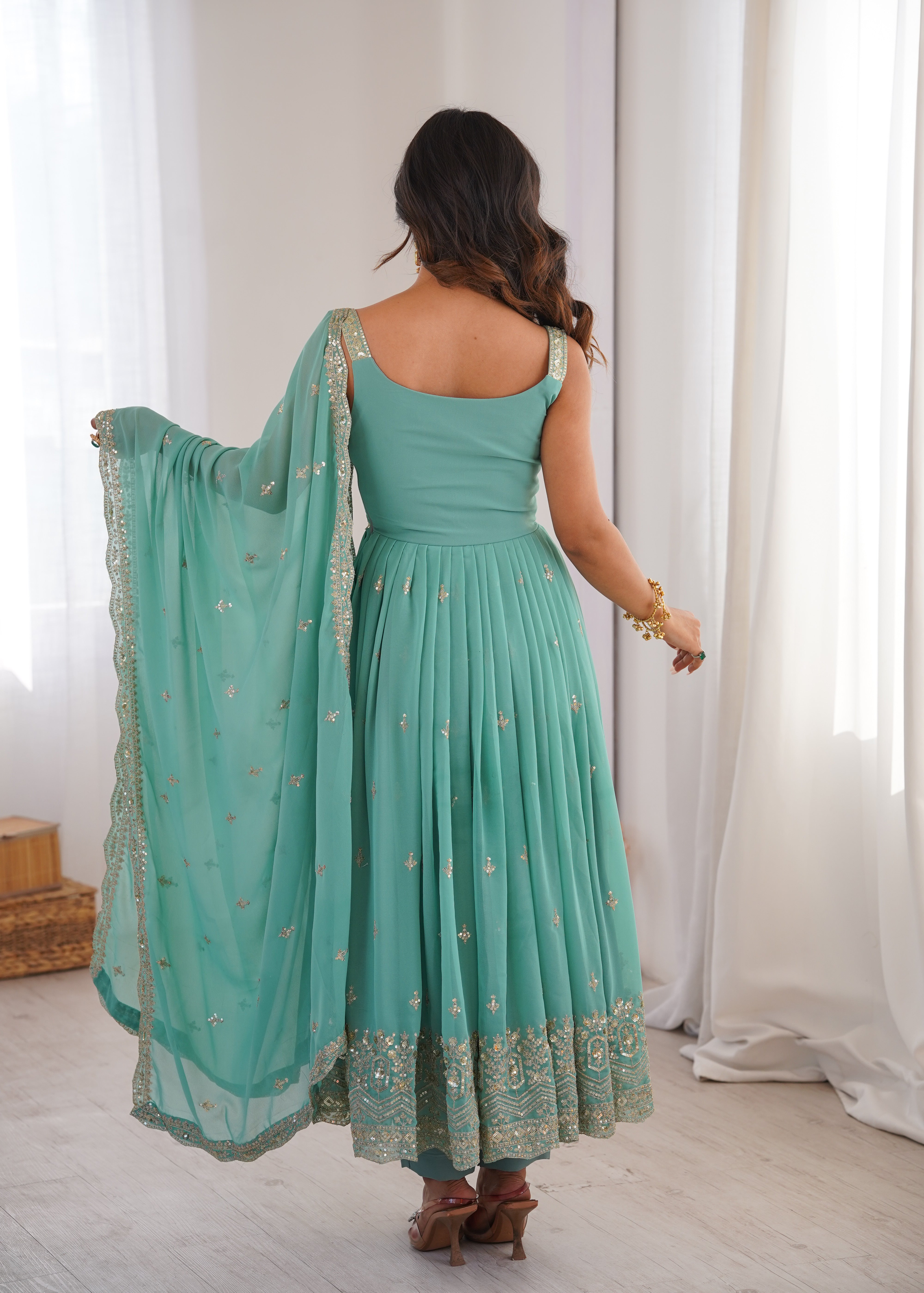 Mint Green Designer Embroidered Anarkali Suit Set with Dupatta & Pant