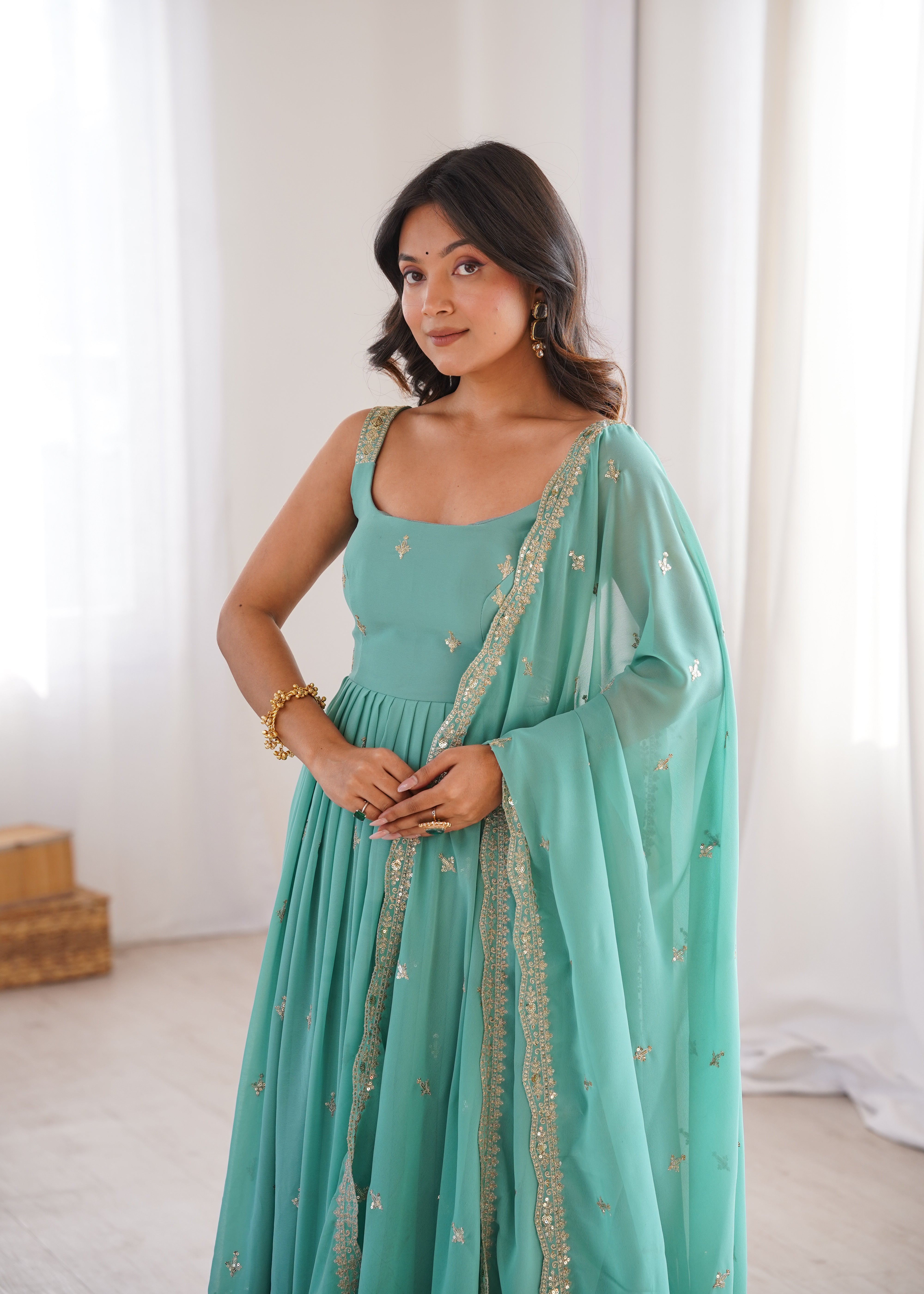 Mint Green Designer Embroidered Anarkali Suit Set with Dupatta & Pant
