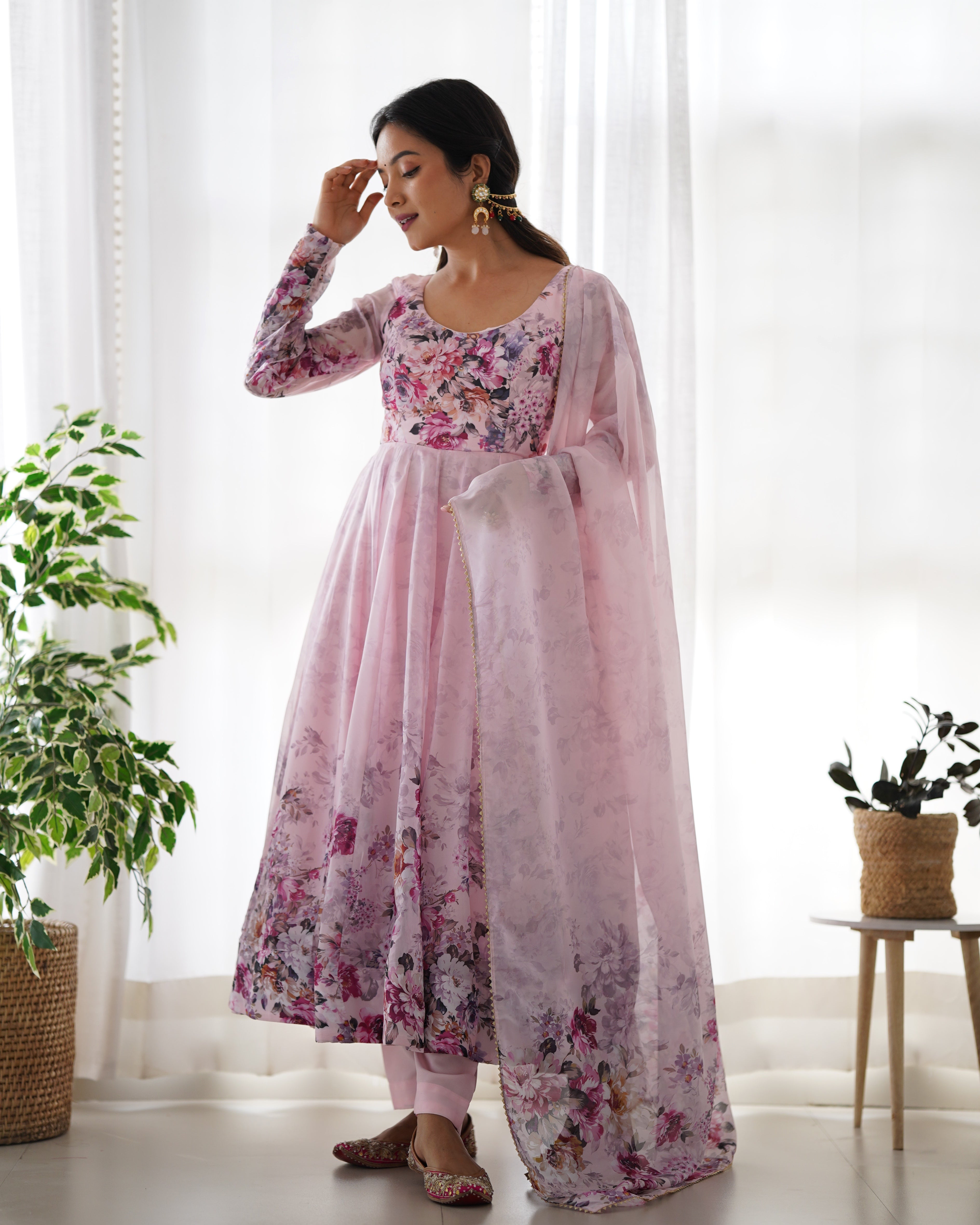 Dusty Pink Organza Silk Floral Printed Anarkali Suit Set with Gota Patti Dupatta