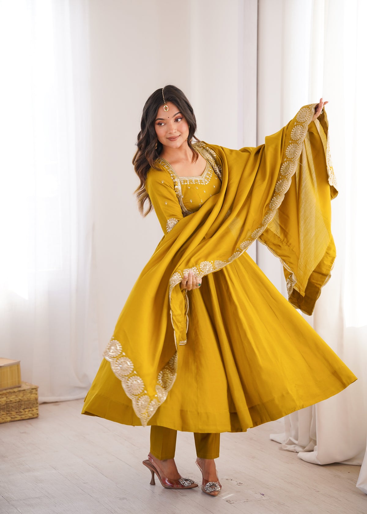 Mustard Yellow Embroidered Sequence Work Anarkali Gown Set with Dupatta