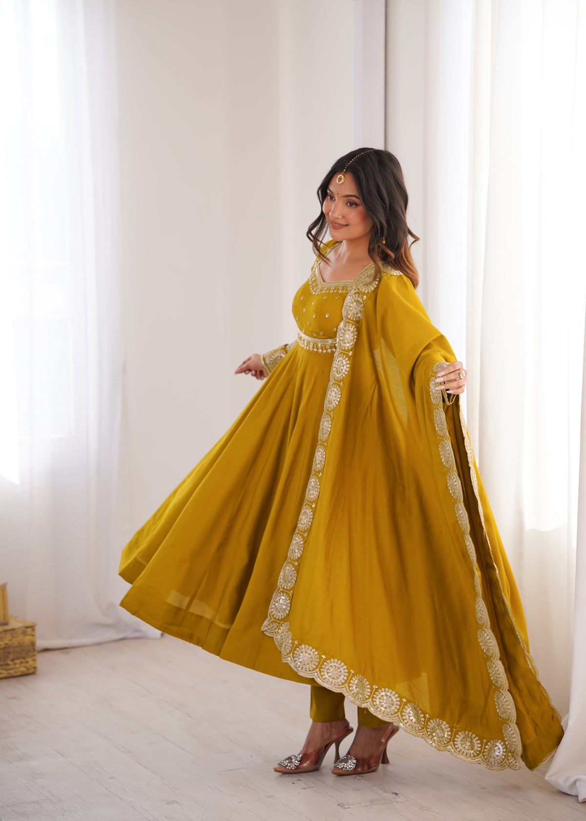 Mustard Yellow Embroidered Sequence Work Anarkali Gown Set with Dupatta