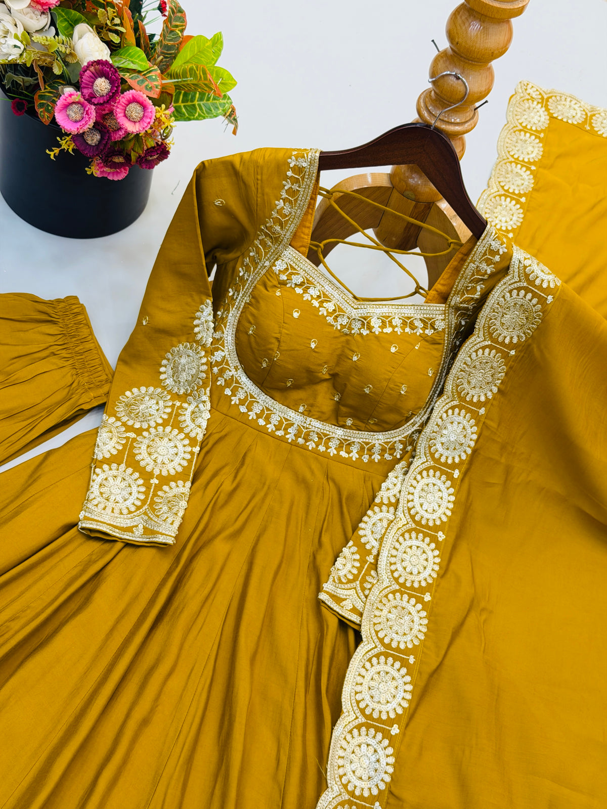 Mustard Yellow Embroidered Sequence Work Anarkali Gown Set with Dupatta