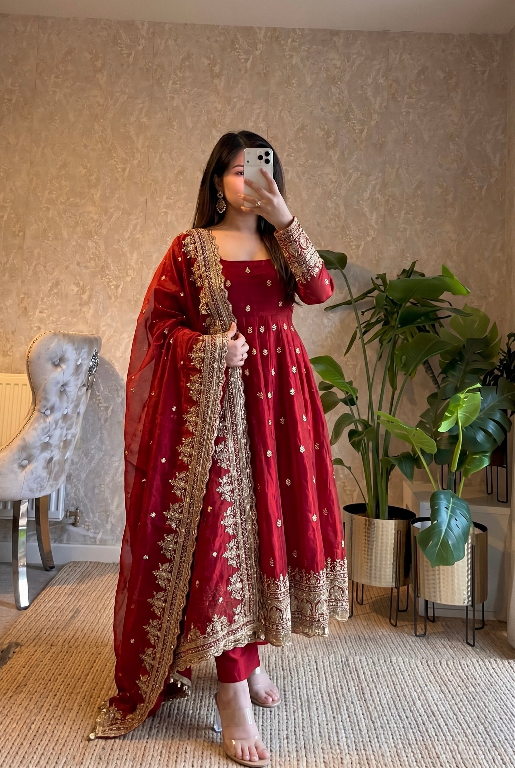 Red Designer Embroidered Gown Set with Dupatta & Pant | Party Wear
