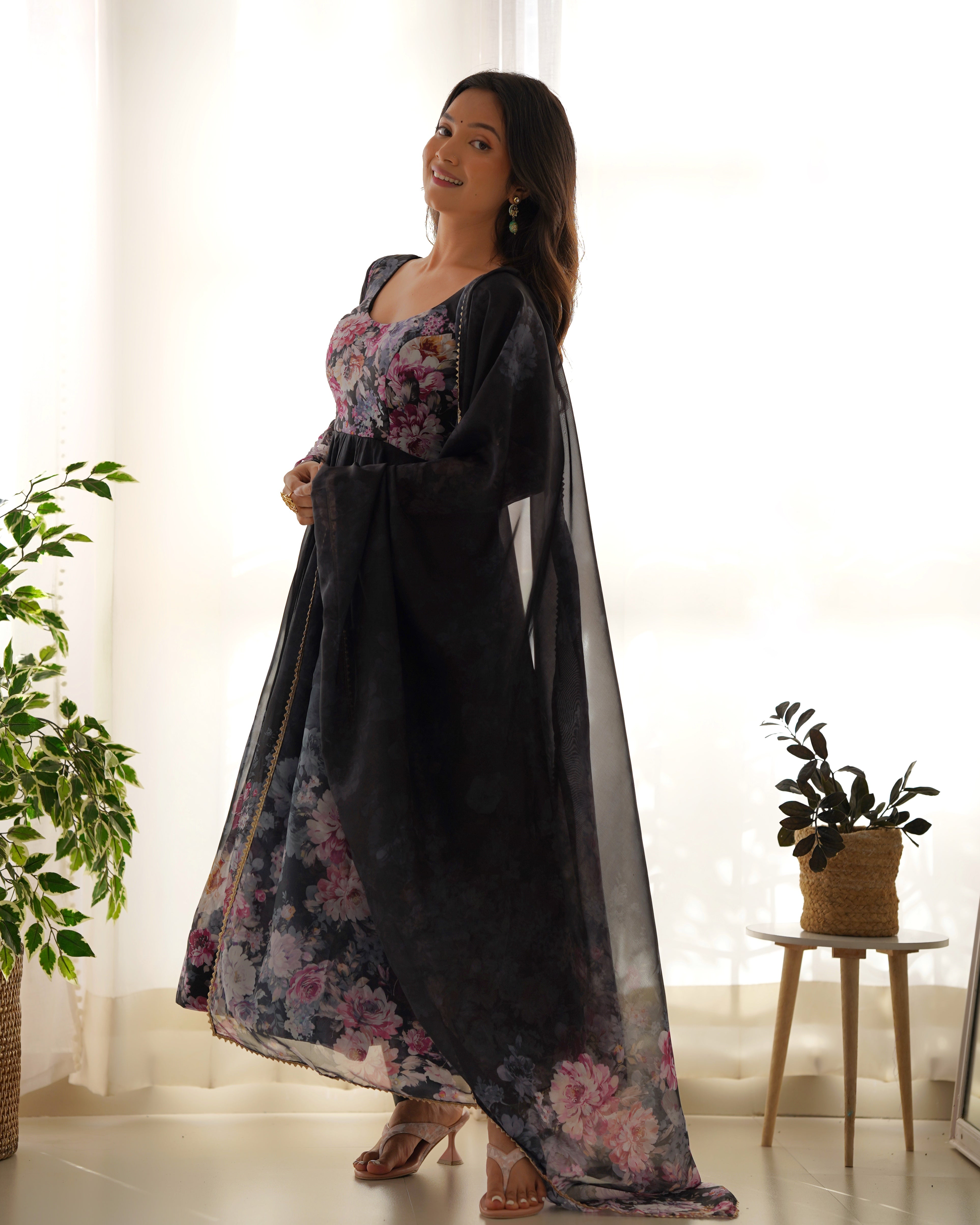 Black Organza Silk Printed Anarkali Suit Set with Gota Patti Dupatta