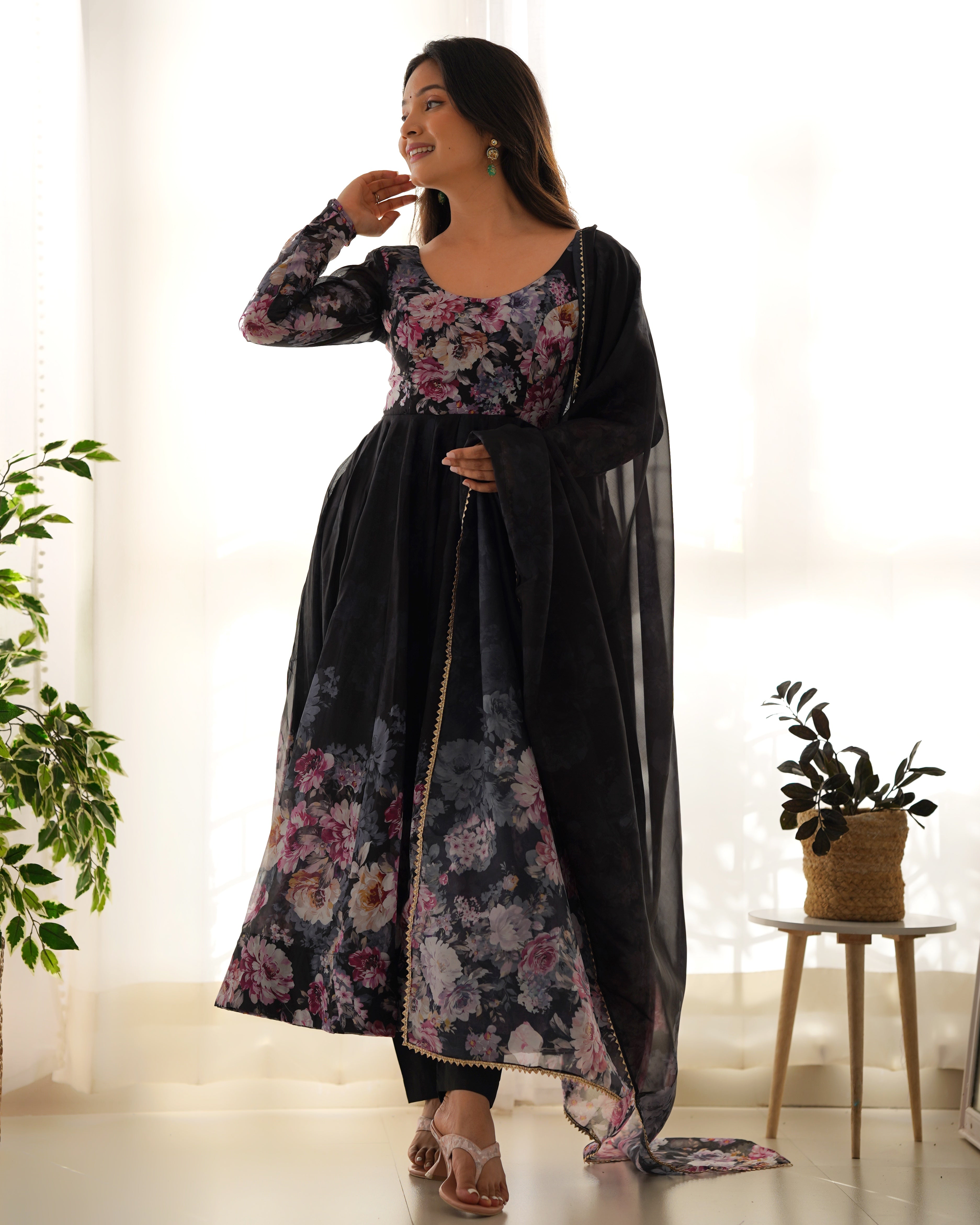 Black Organza Silk Printed Anarkali Suit Set with Gota Patti Dupatta