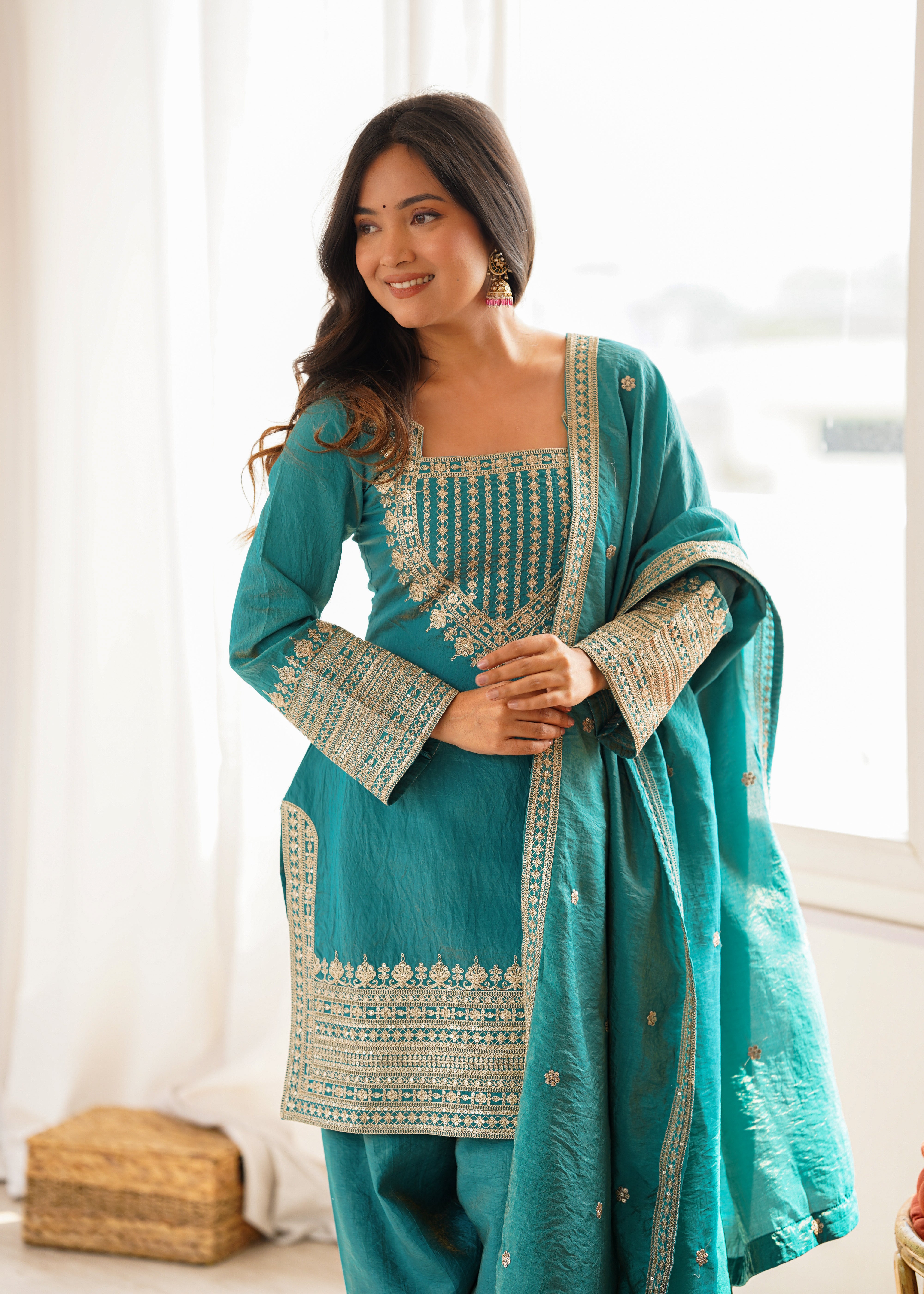 Women's Dusty SeaGreen NC Vichitra Silk Embroidered Kurta Set with Dupatta & Farshi Shalwar | Nardev Fashion