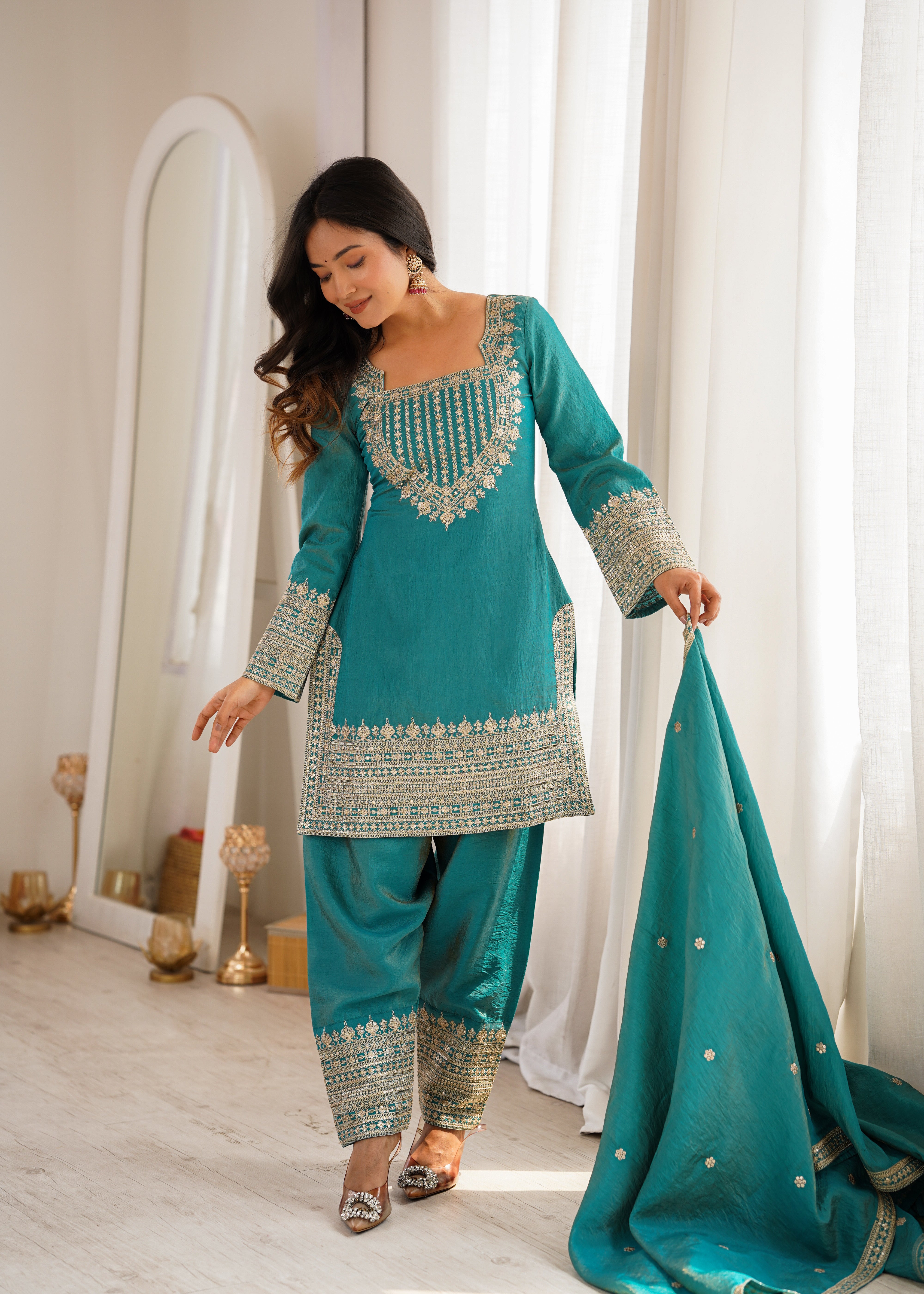 Women's Dusty SeaGreen NC Vichitra Silk Embroidered Kurta Set with Dupatta & Farshi Shalwar | Nardev Fashion