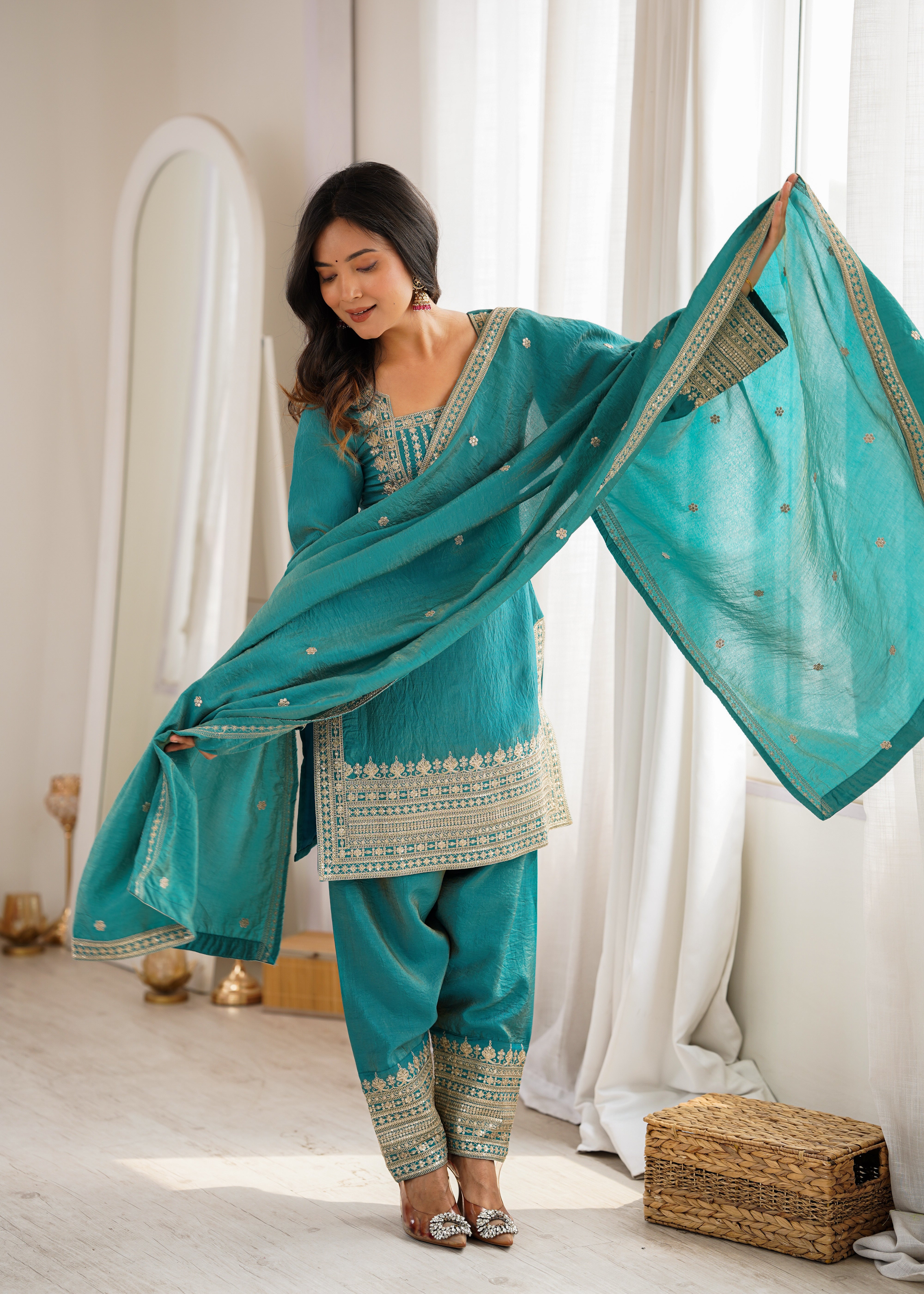 Women's Dusty SeaGreen NC Vichitra Silk Embroidered Kurta Set with Dupatta & Farshi Shalwar | Nardev Fashion