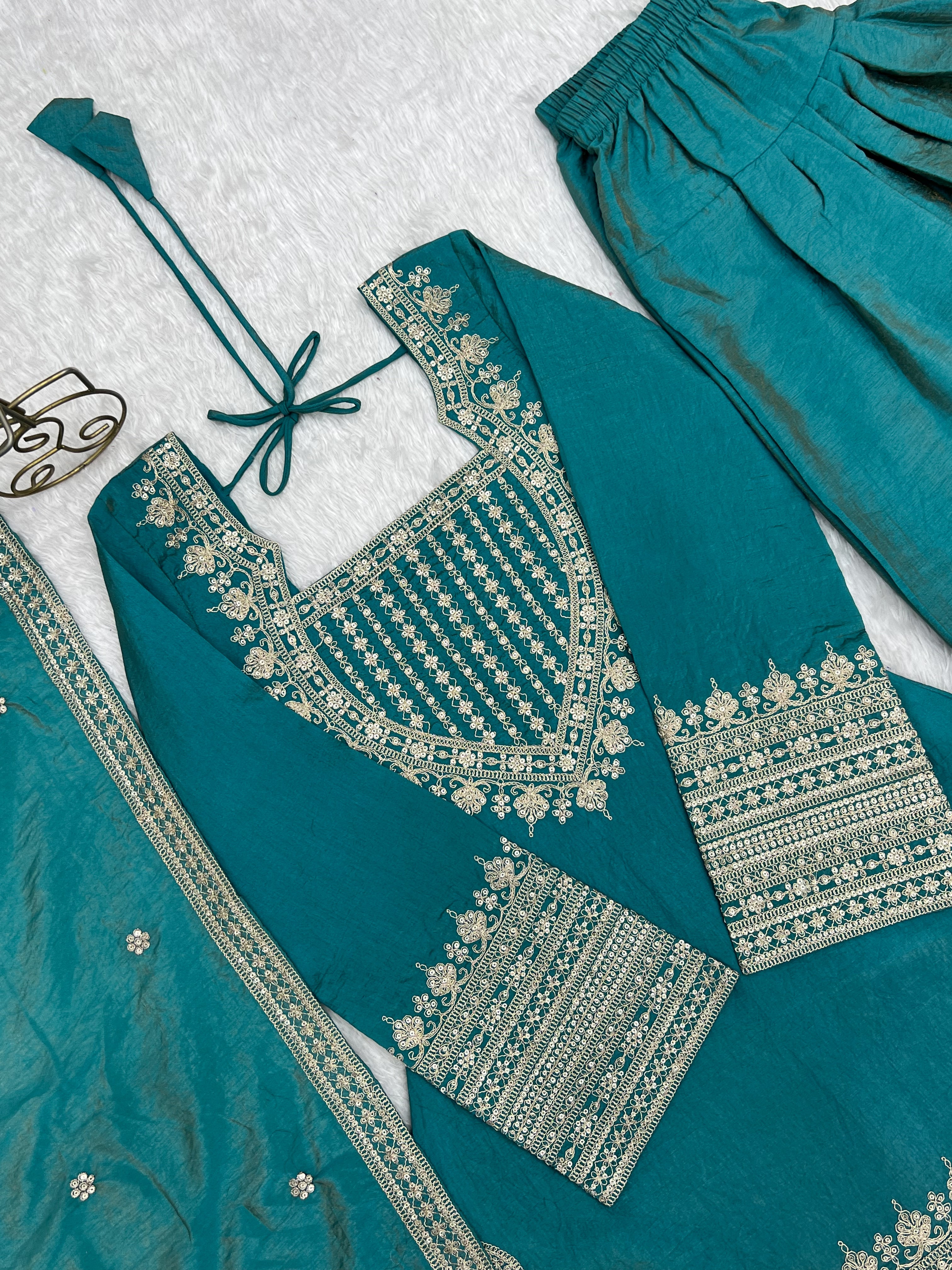 Women's Dusty SeaGreen NC Vichitra Silk Embroidered Kurta Set with Dupatta & Farshi Shalwar | Nardev Fashion