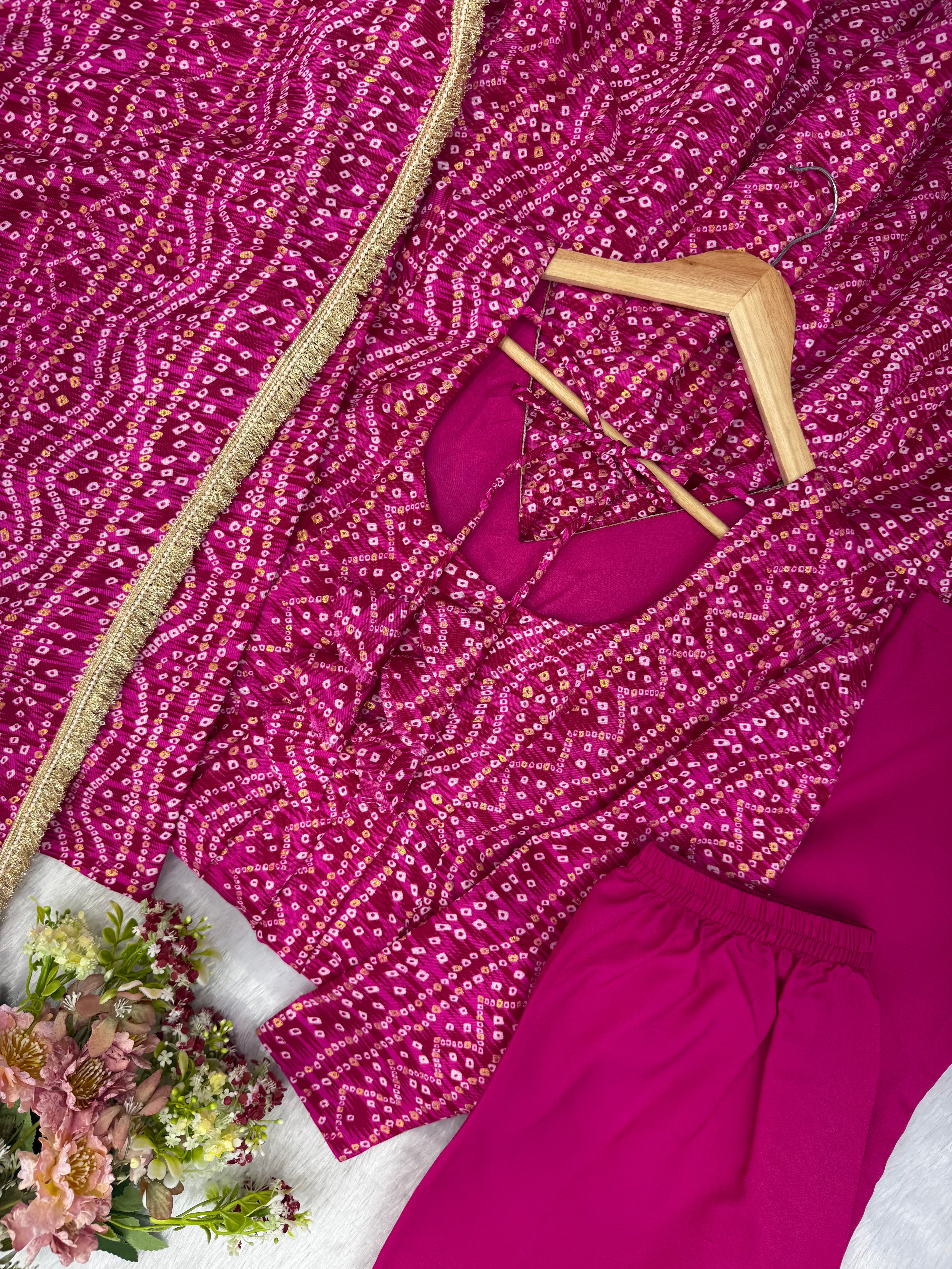 Hot Pink Mirror Embroidered Rayon Anarkali Gown Set with Dupatta & Pant