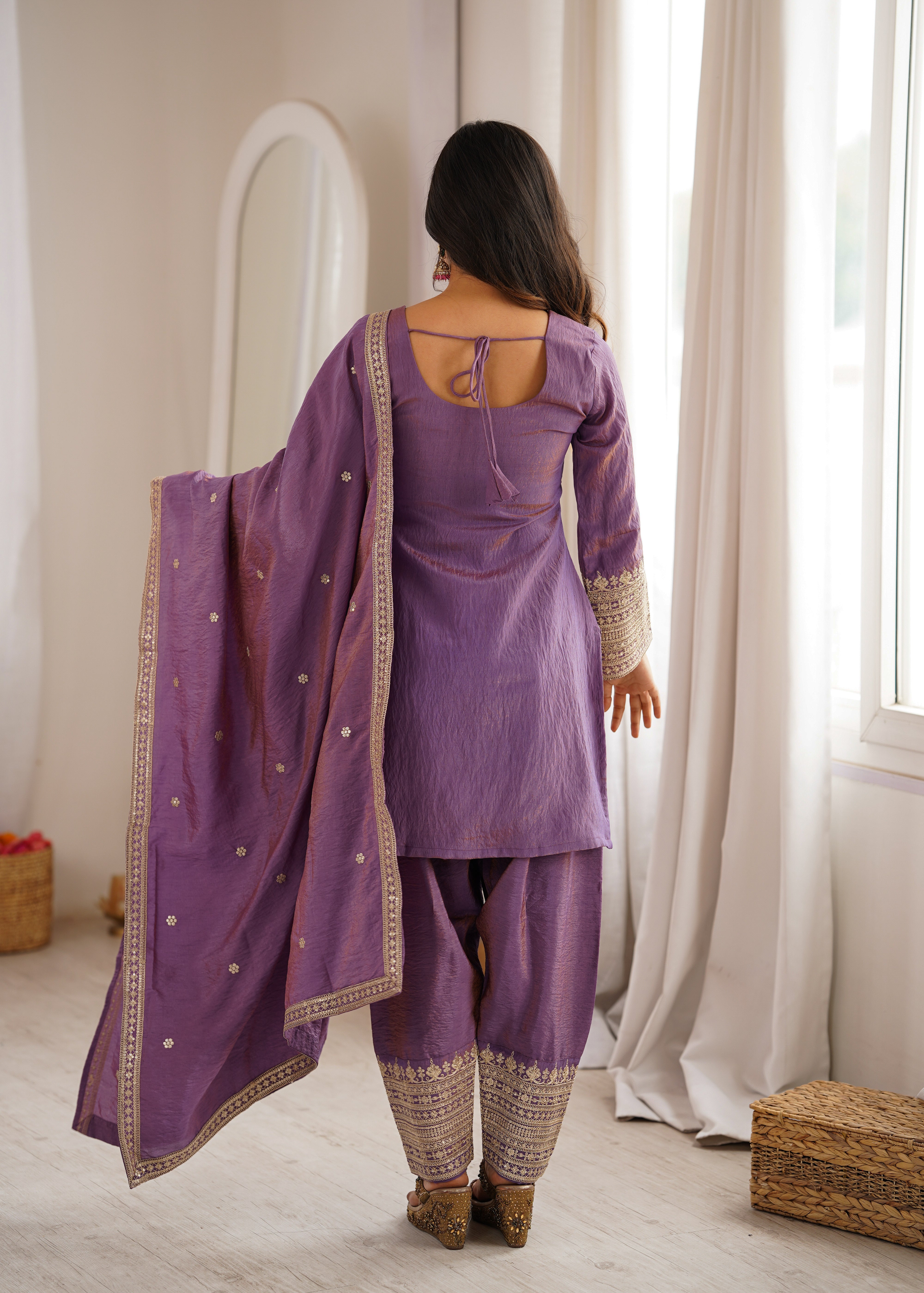 Women's Dusty Purple NC Vichitra Silk Embroidered Kurta Set with Dupatta & Farshi Shalwar | Nardev Fashion