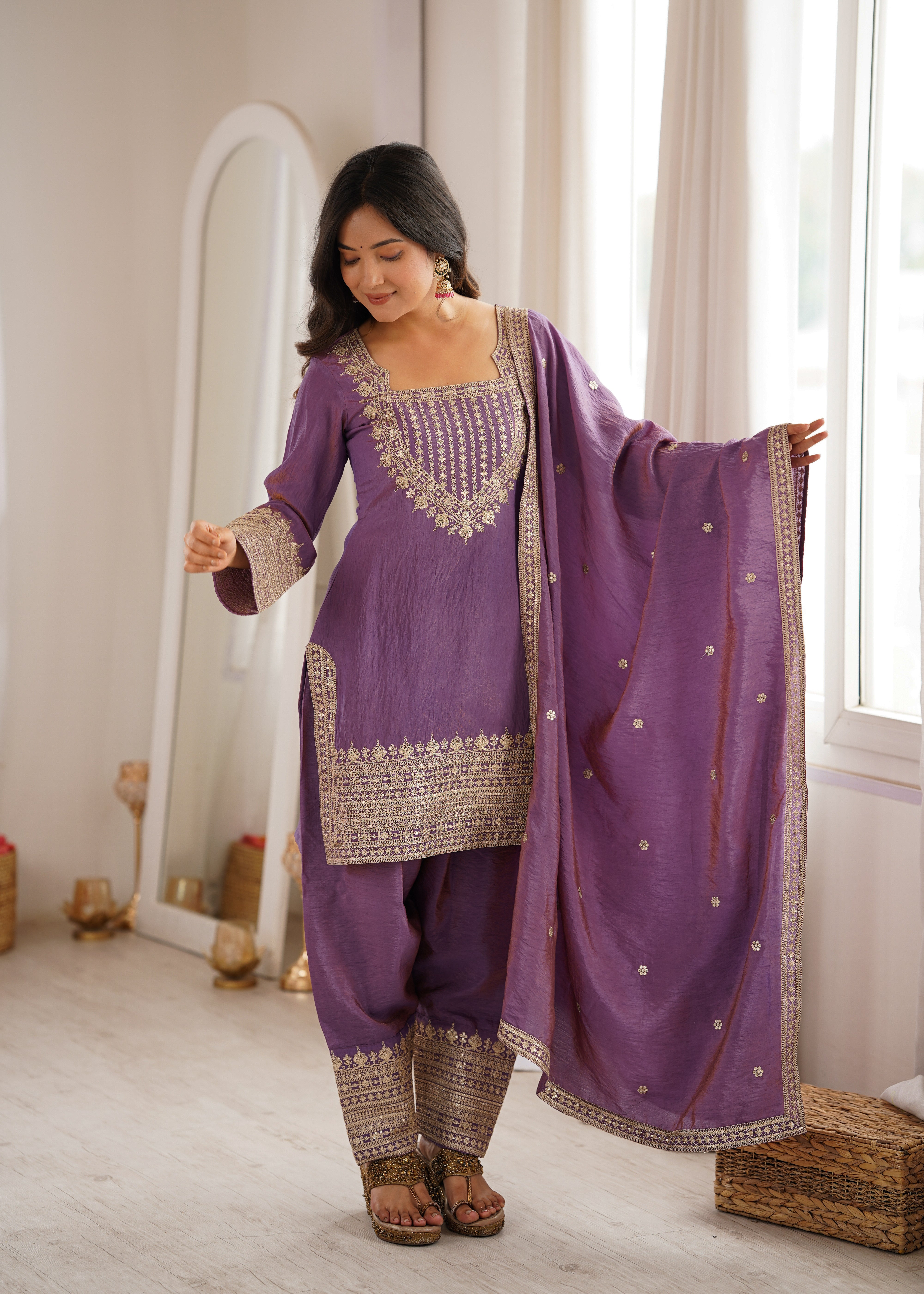Women's Dusty Purple NC Vichitra Silk Embroidered Kurta Set with Dupatta & Farshi Shalwar | Nardev Fashion