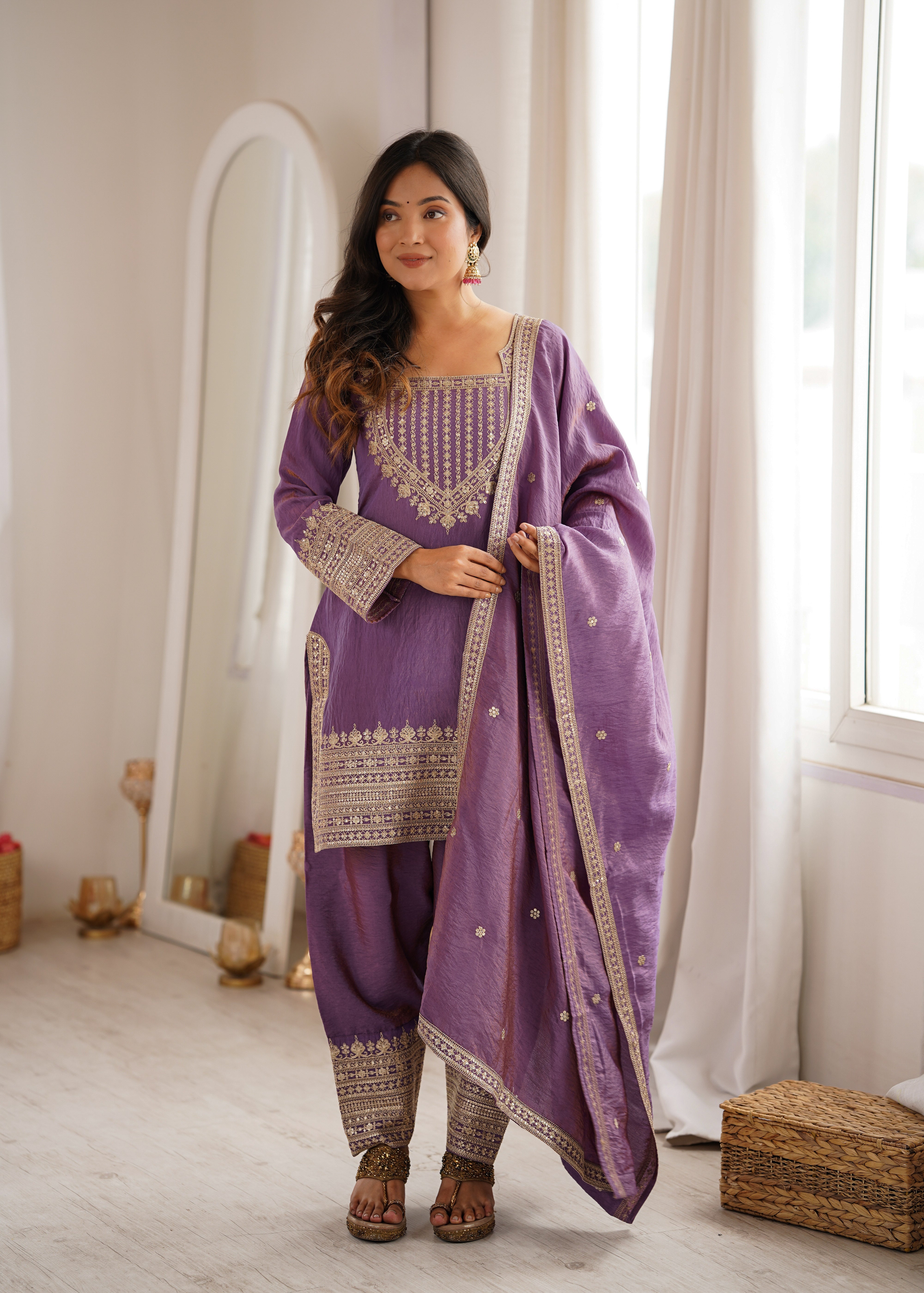 Women's Dusty Purple NC Vichitra Silk Embroidered Kurta Set with Dupatta & Farshi Shalwar | Nardev Fashion