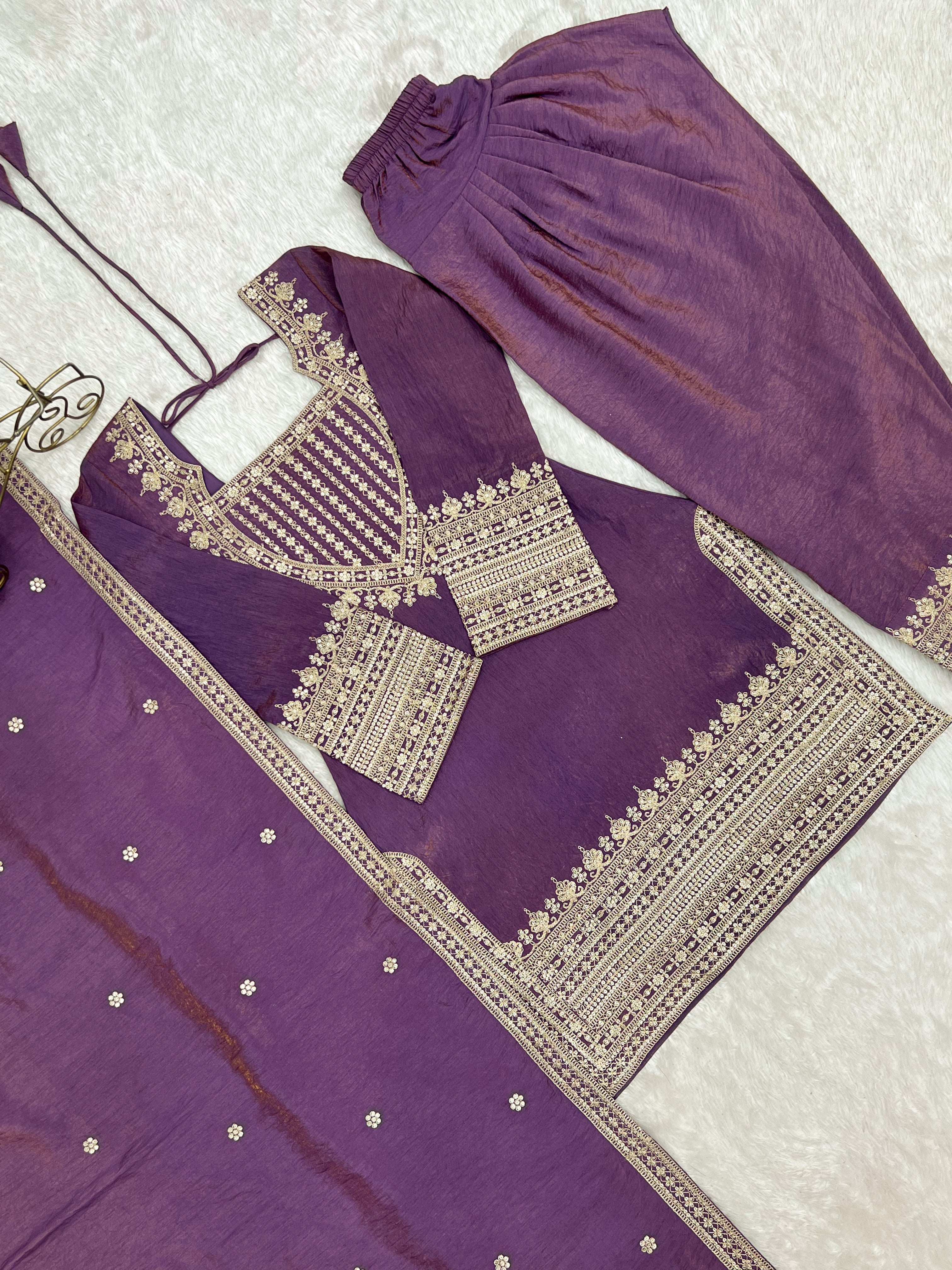 Women's Dusty Purple NC Vichitra Silk Embroidered Kurta Set with Dupatta & Farshi Shalwar | Nardev Fashion