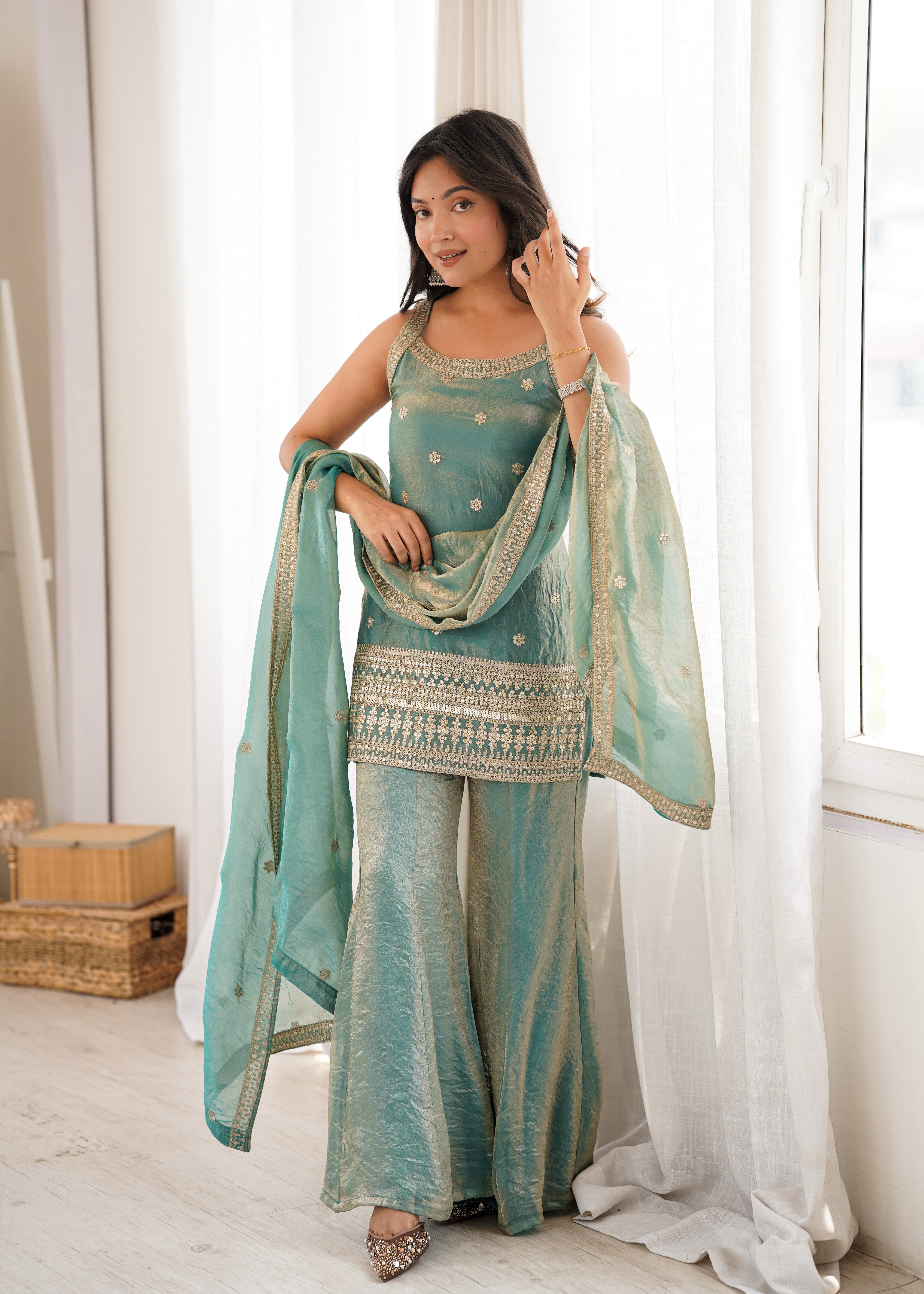 Women’s Seagreen Frendy Silk Embroidered Kurta Set with Dupatta & Bell Bottom Pant | Nardev Fashion