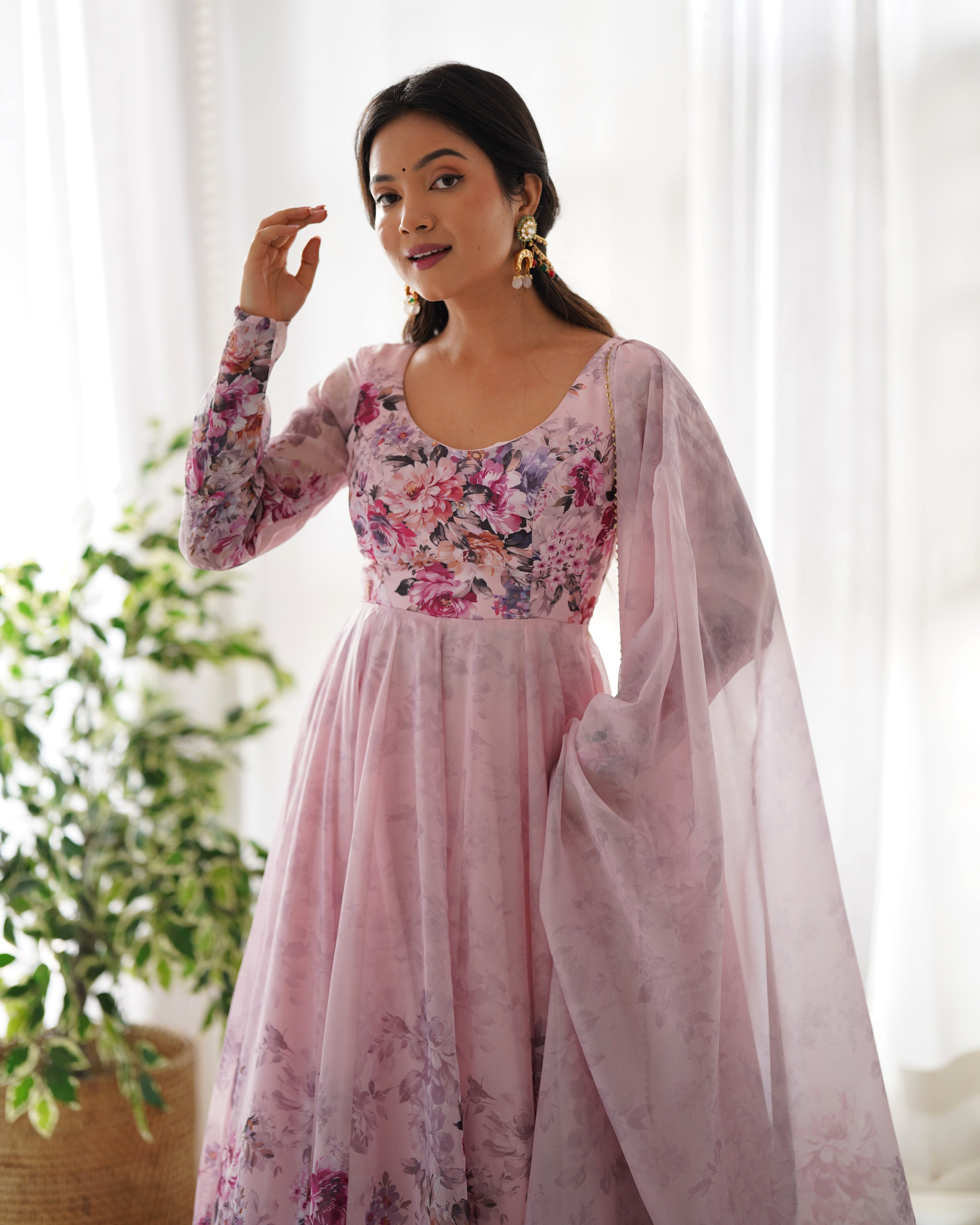 Dusty Pink Organza Silk Floral Printed Anarkali Suit Set with Gota Patti Dupatta